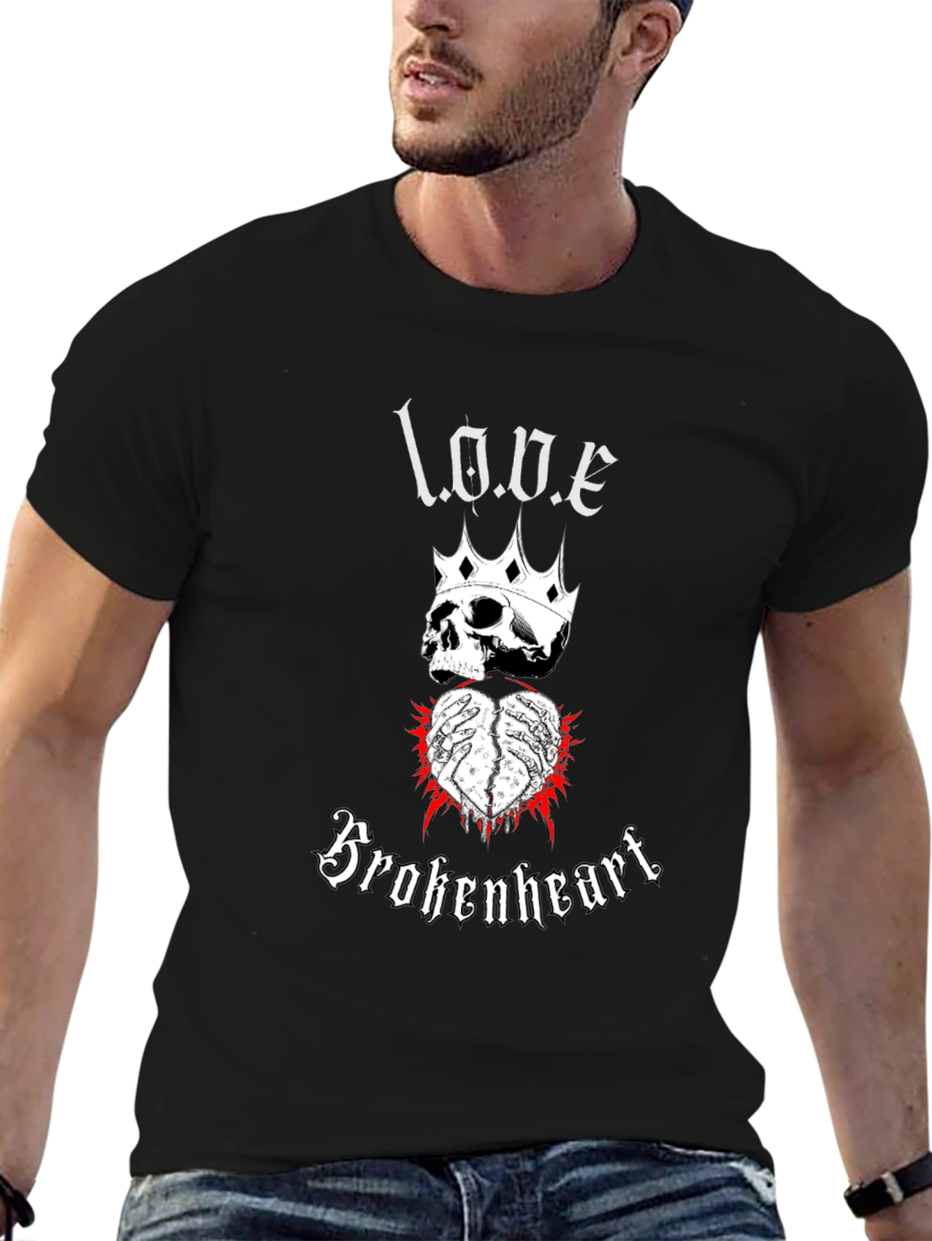 Love Brokenheart Skull Crown Graphic Tee - Black