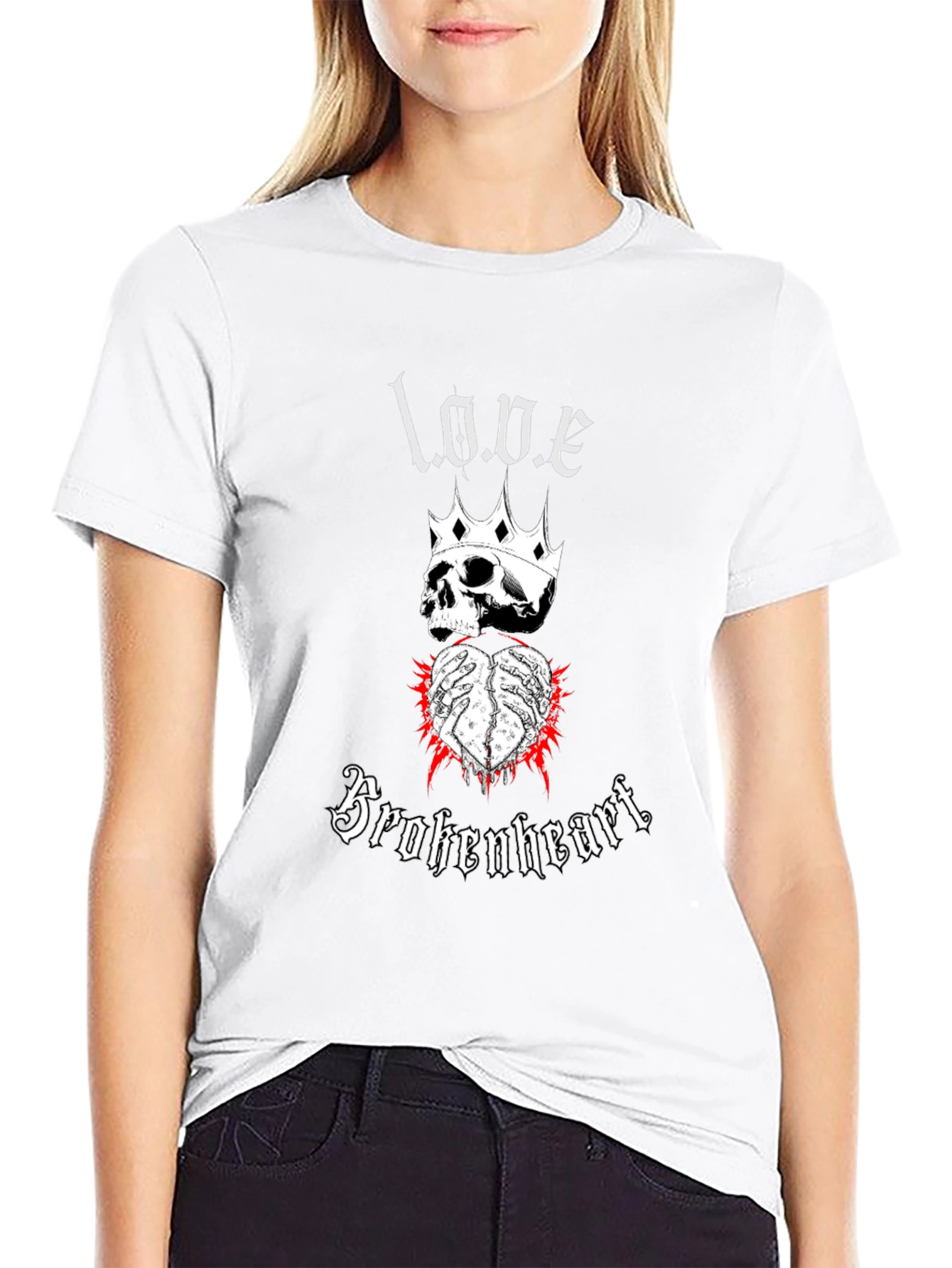 Love Brokenheart Skull Crown Graphic Tee - Black