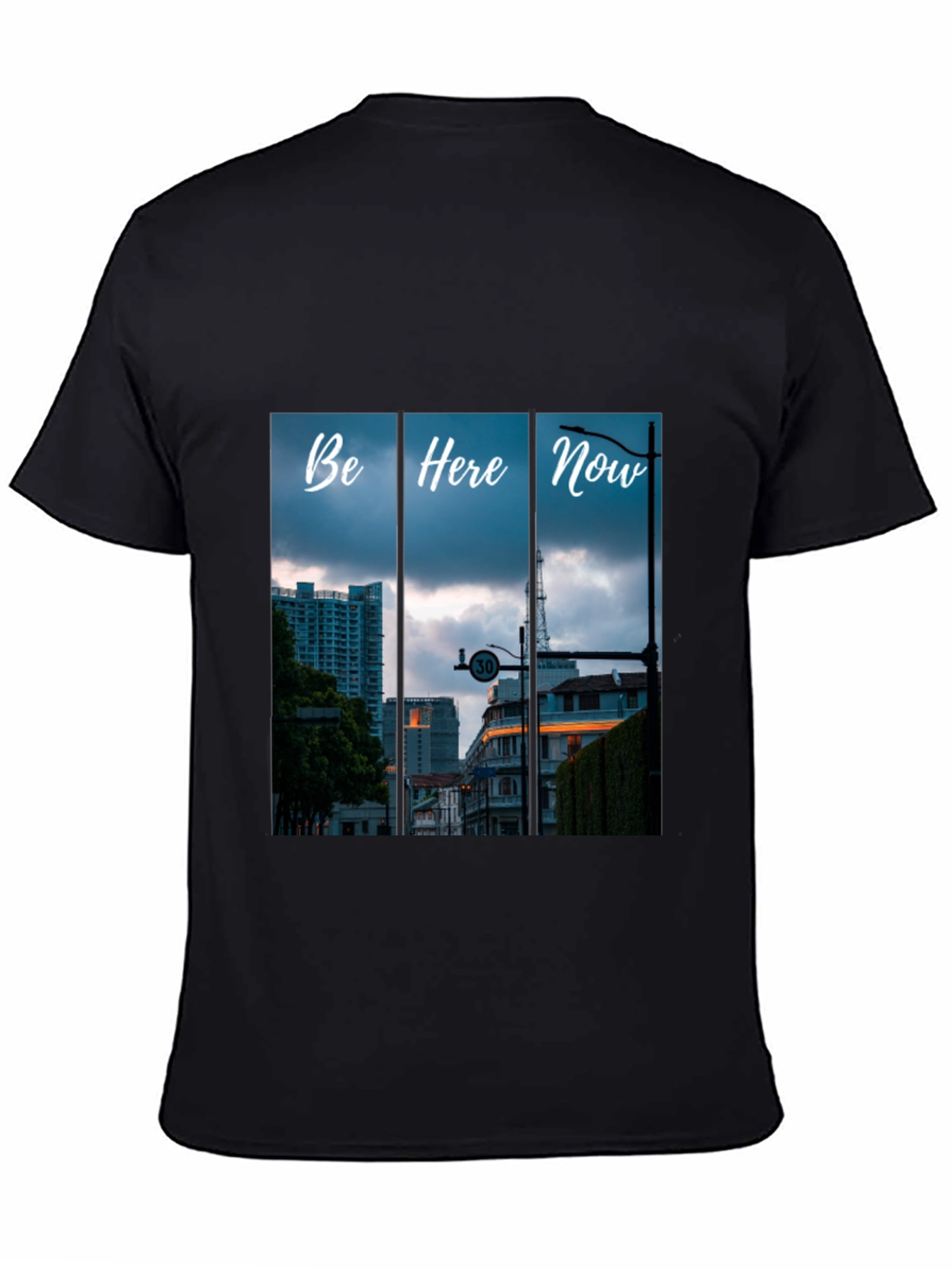 Be Here Now Black T-Shirt with Cityscape Design