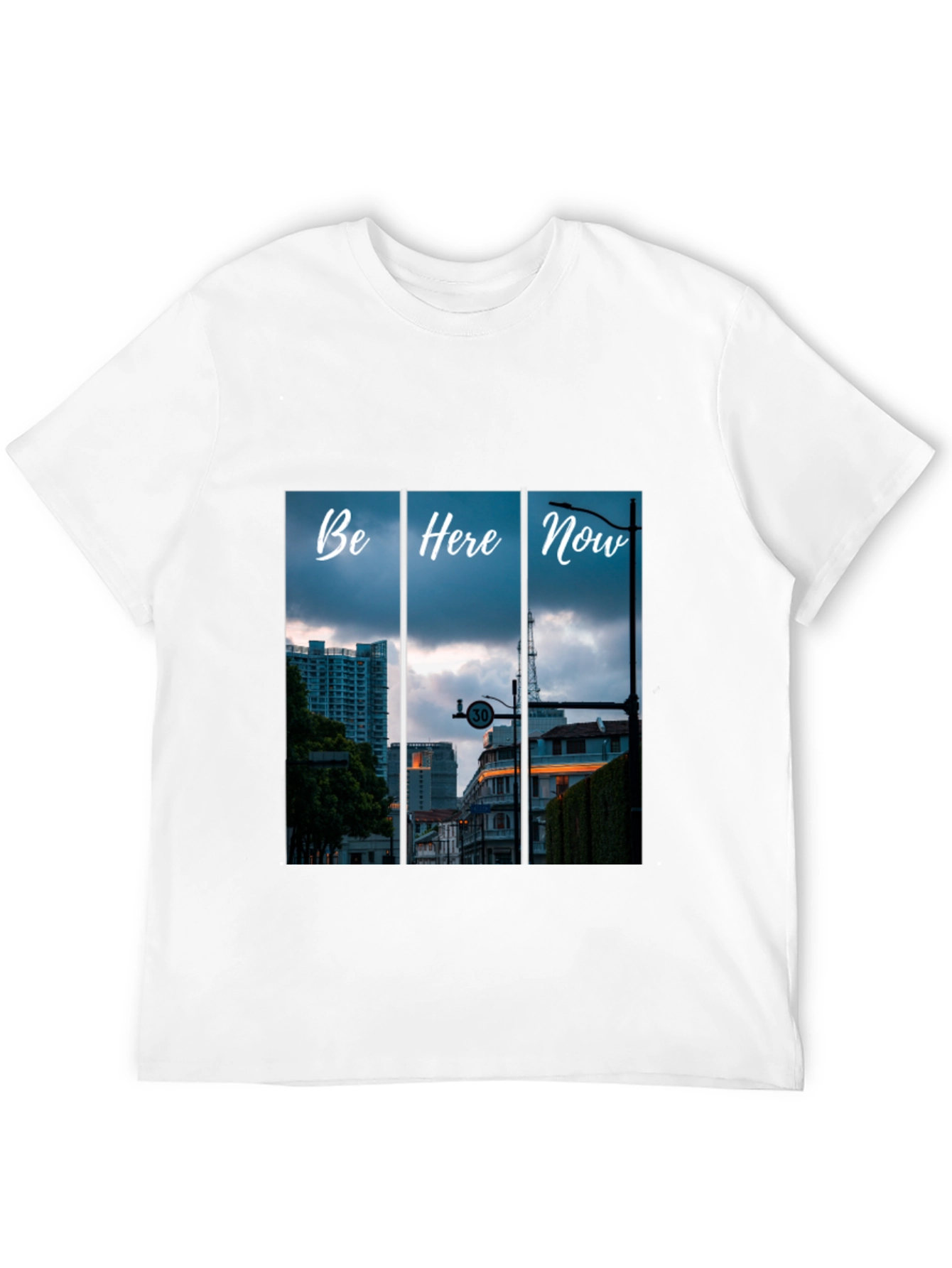 Be Here Now Black T-Shirt with Cityscape Design