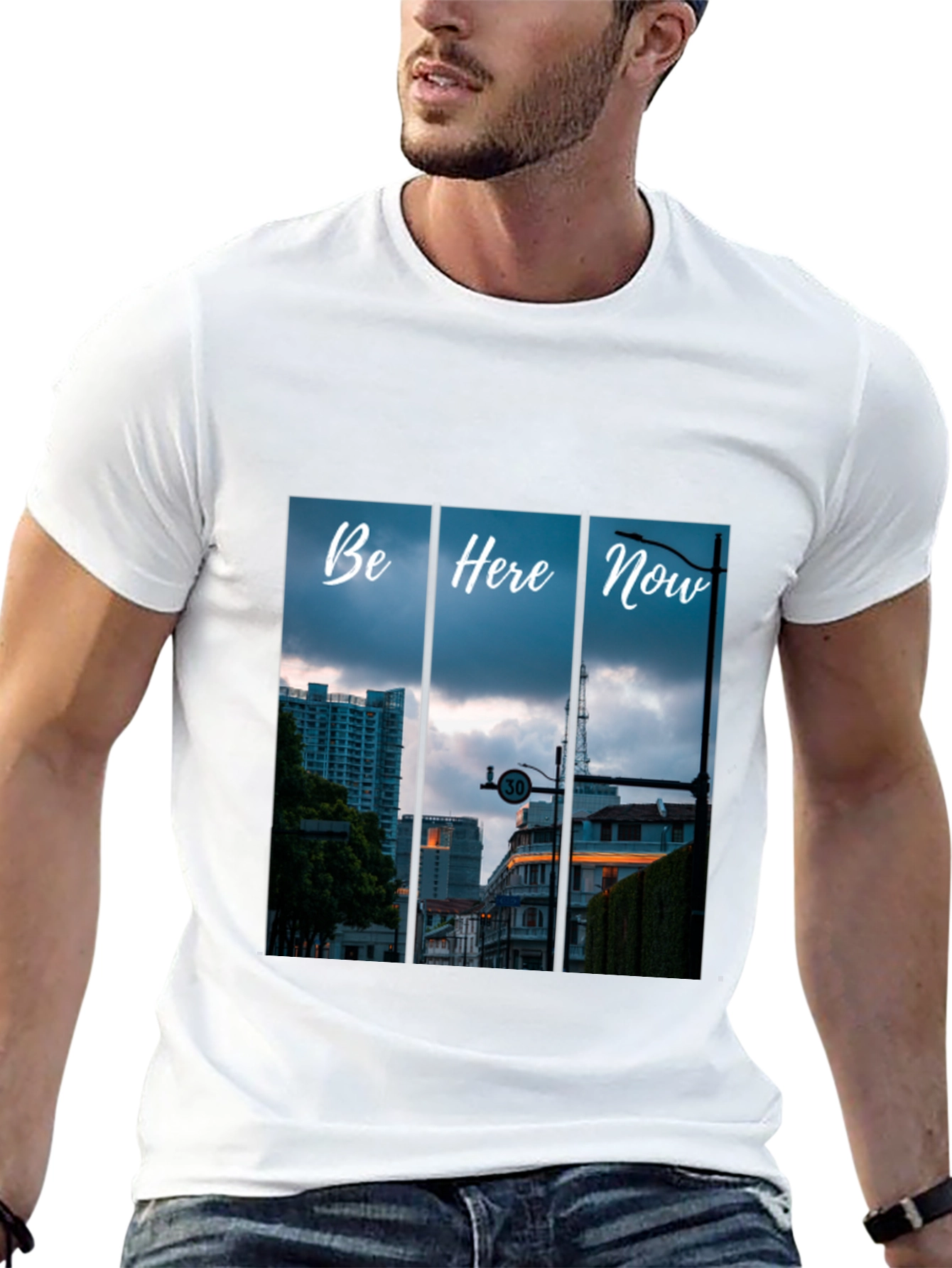 Be Here Now Black T-Shirt with Cityscape Design