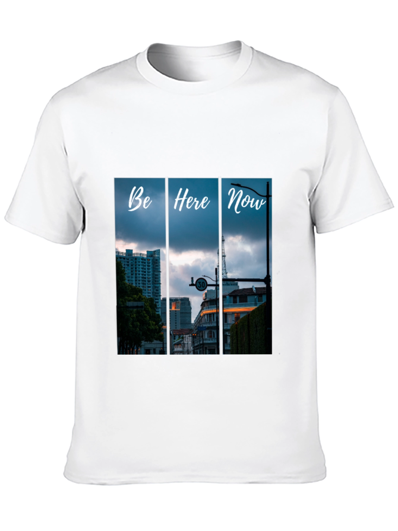 Be Here Now Black T-Shirt with Cityscape Design