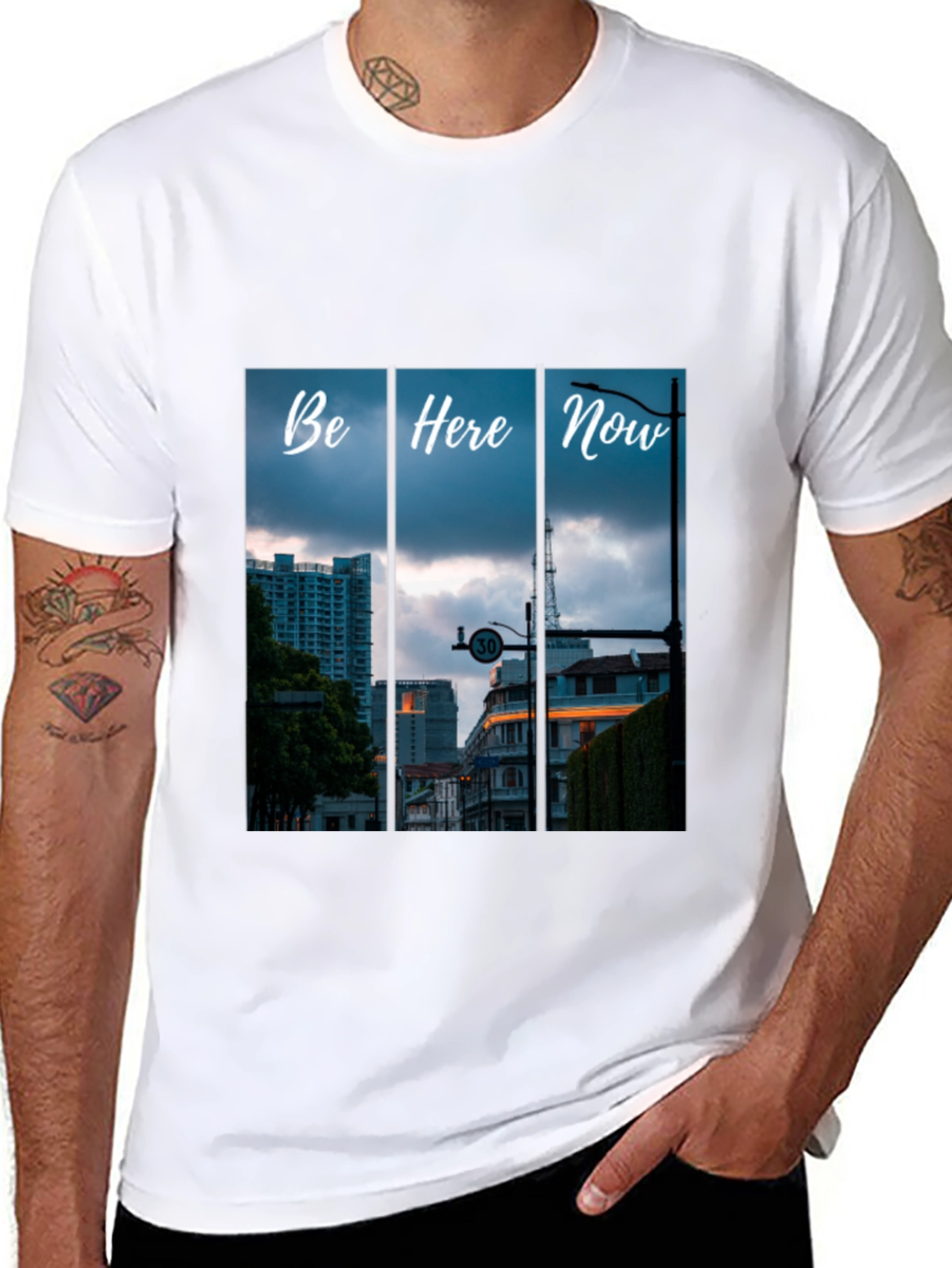 Be Here Now Black T-Shirt with Cityscape Design