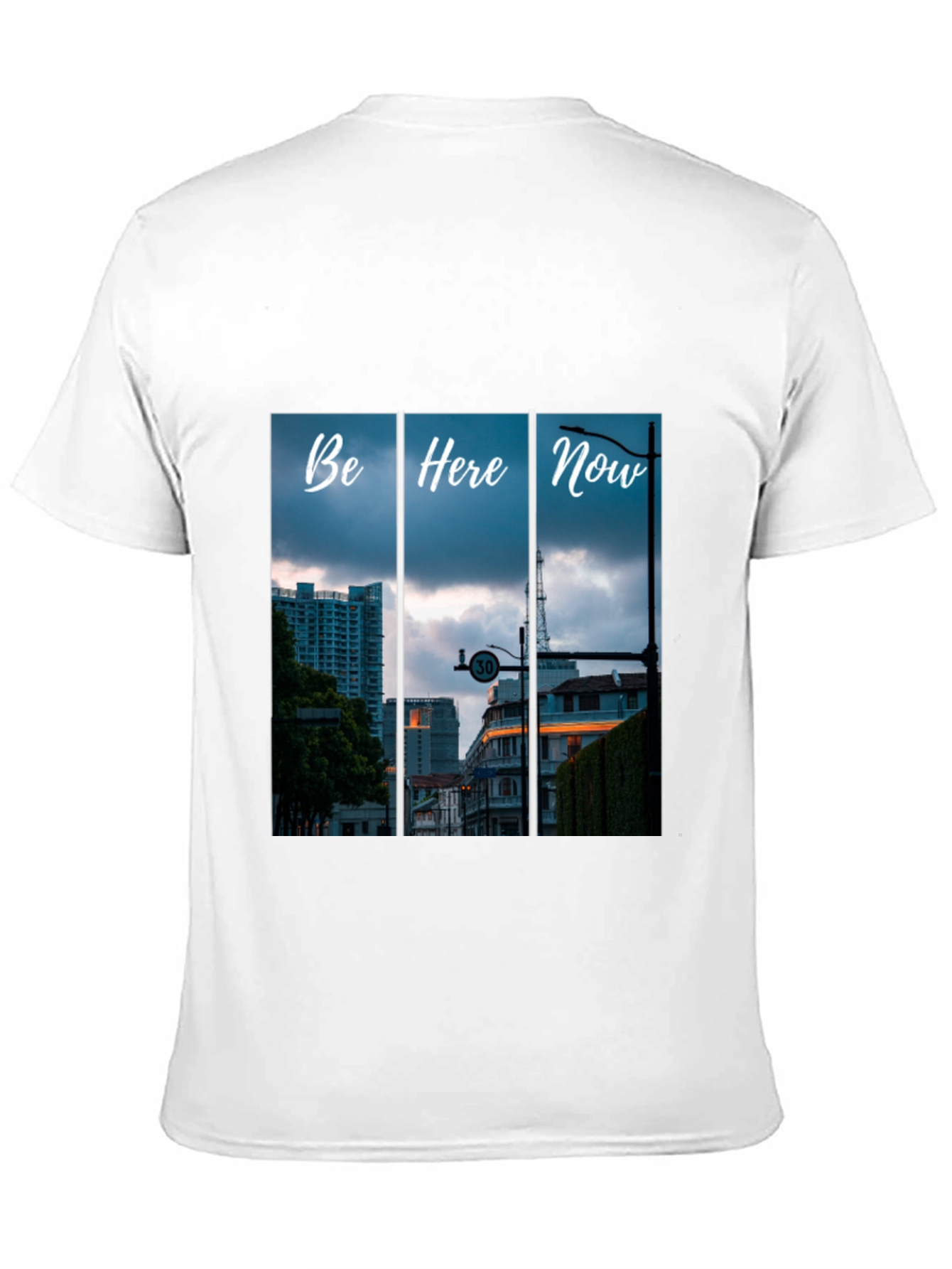 Be Here Now Black T-Shirt with Cityscape Design