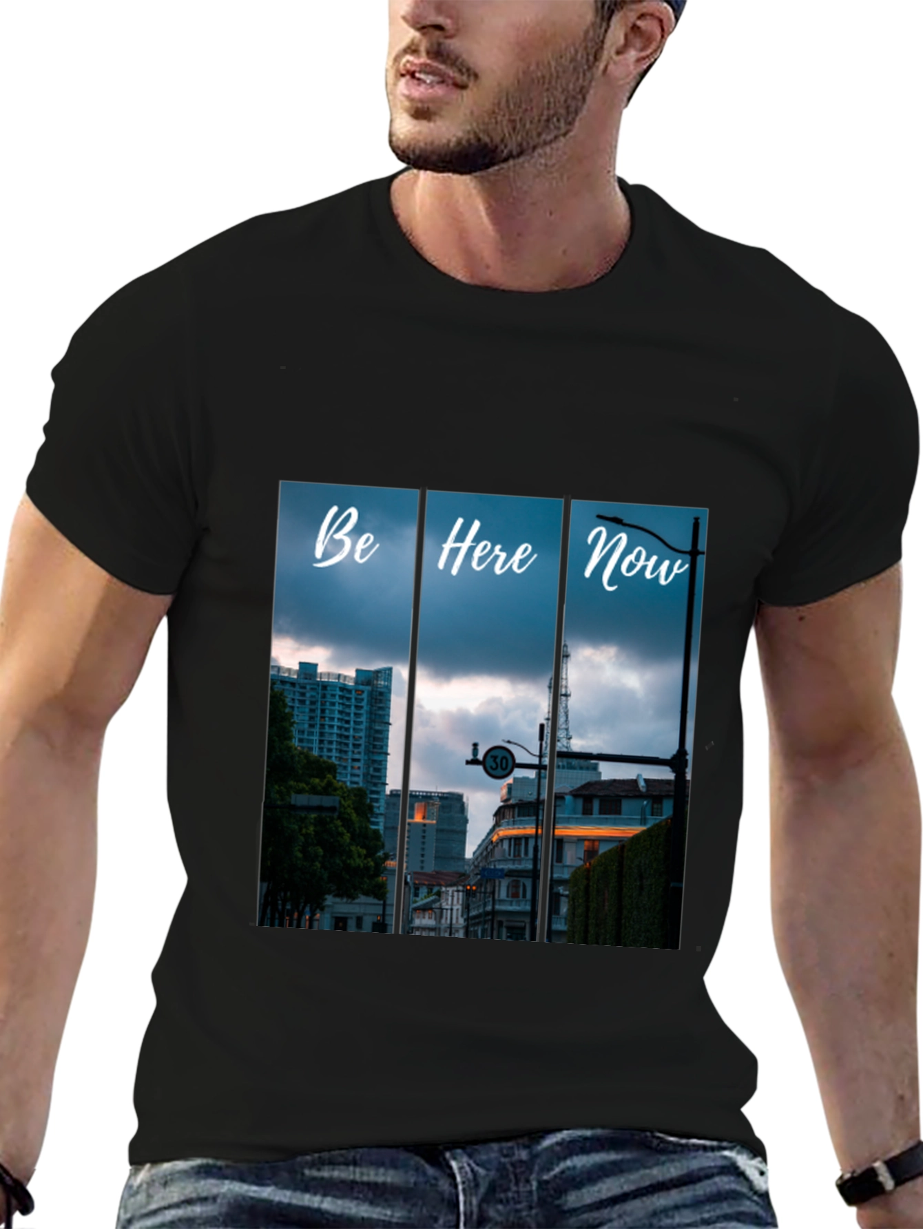 Be Here Now Black T-Shirt with Cityscape Design
