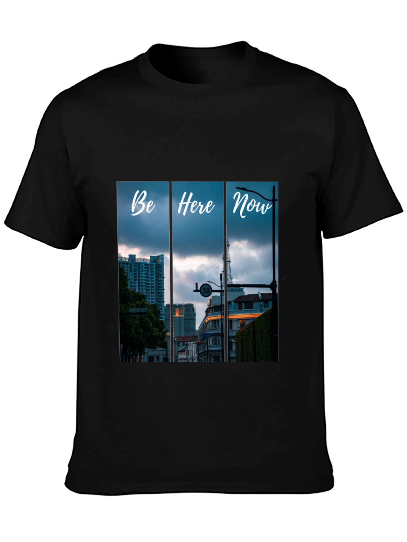 Be Here Now Black T-Shirt with Cityscape Design