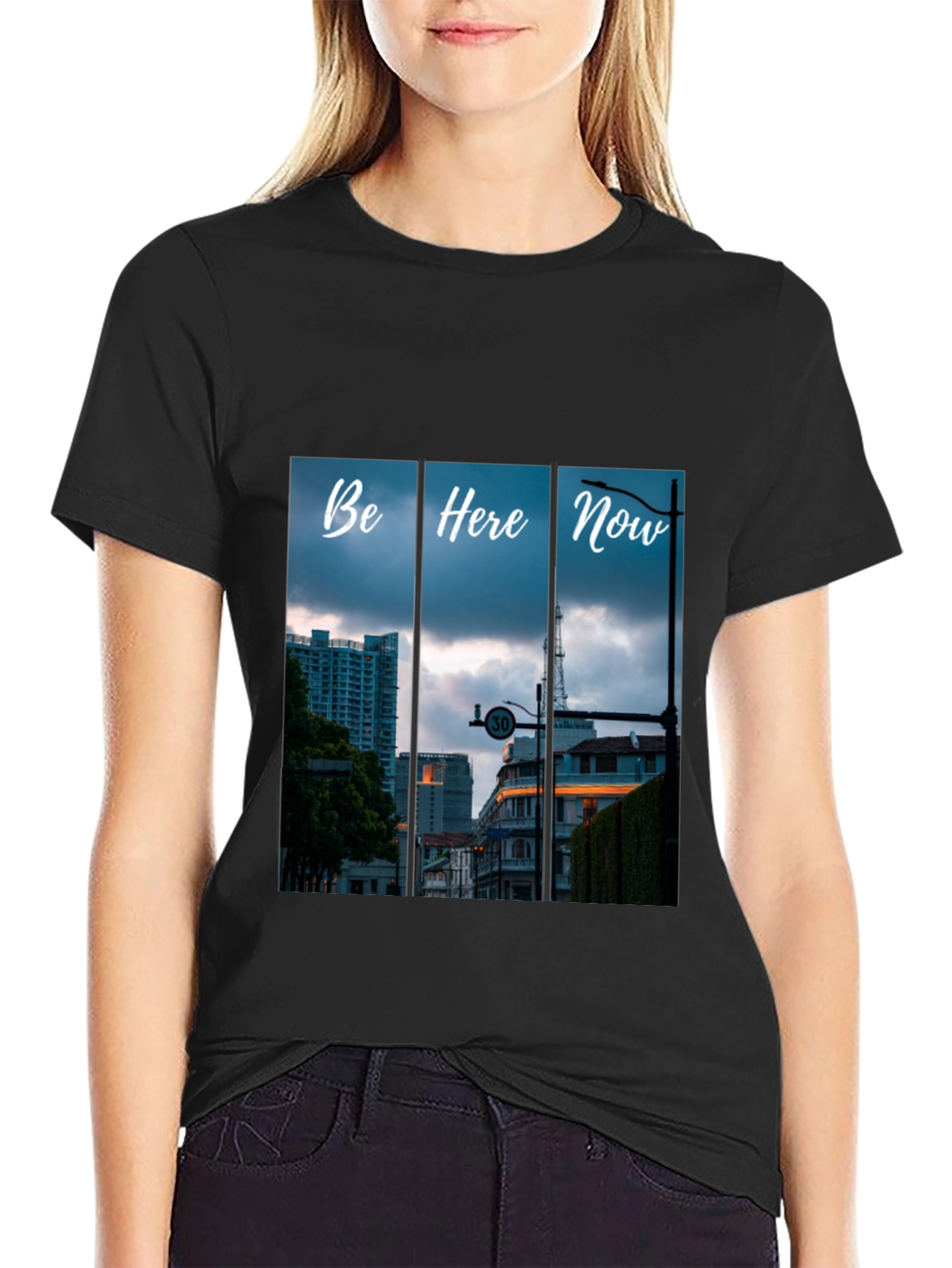 Be Here Now Black T-Shirt with Cityscape Design