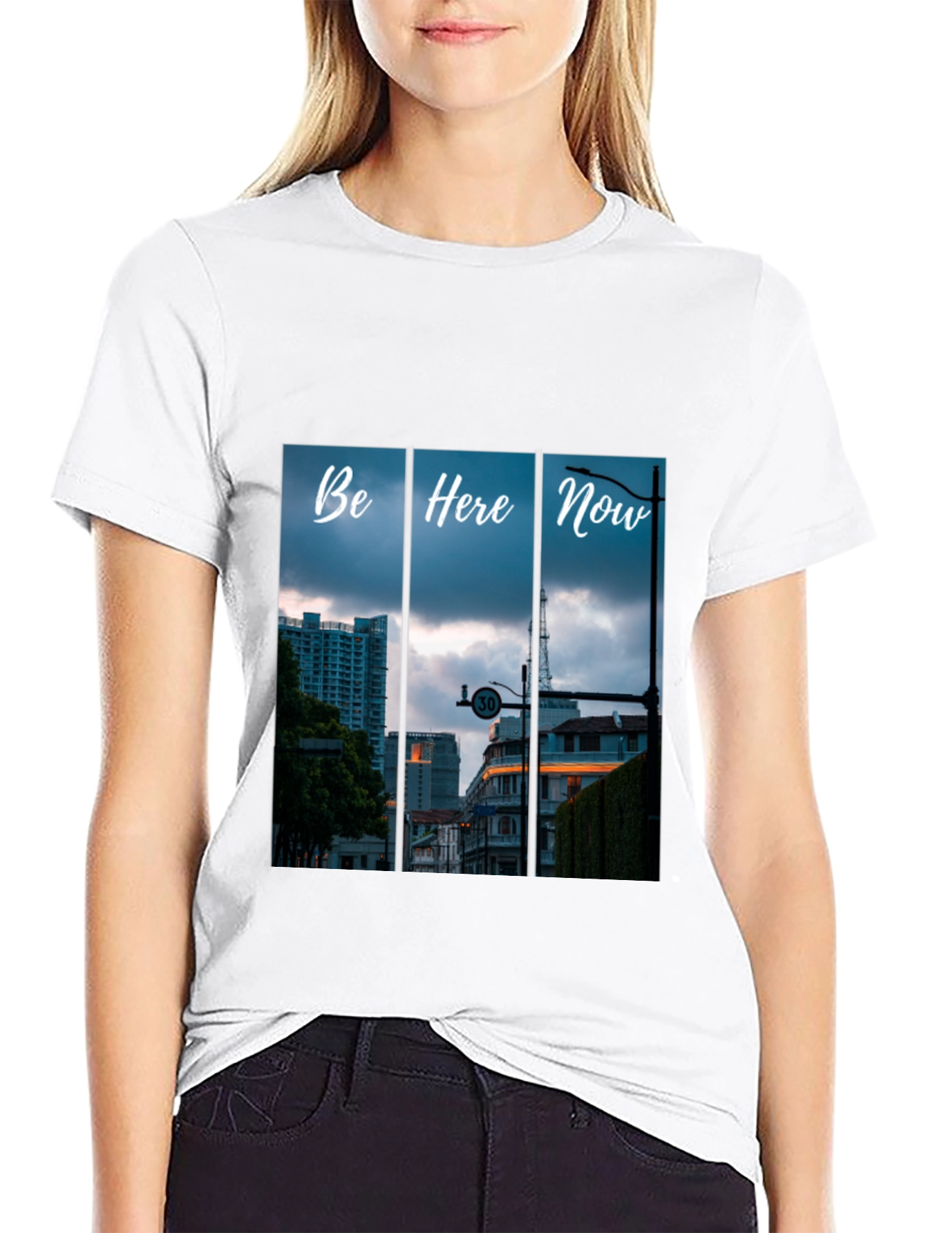 Be Here Now Black T-Shirt with Cityscape Design