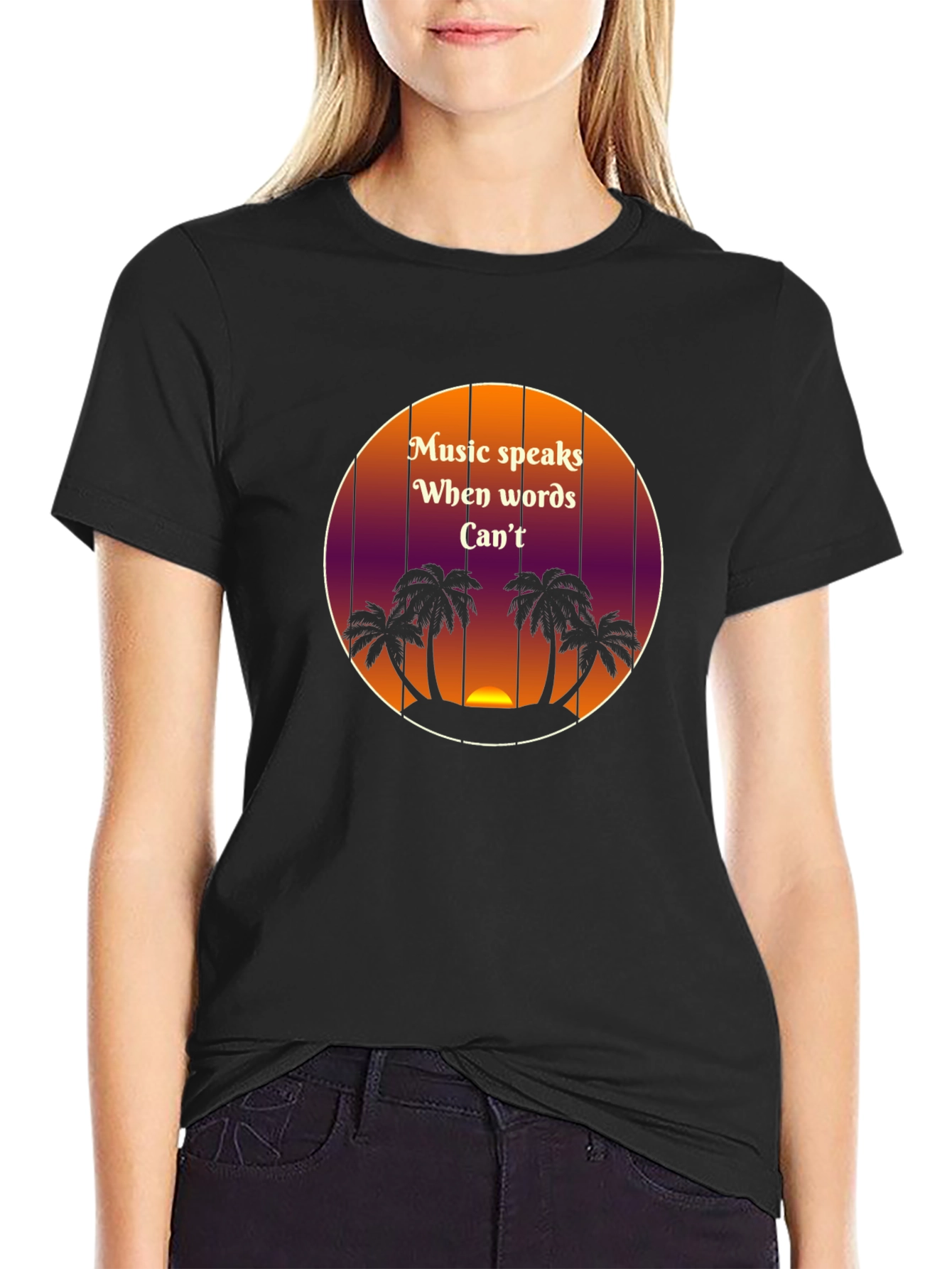 Music Speaks T-Shirt - Tropical Sunset Palm Tree Design