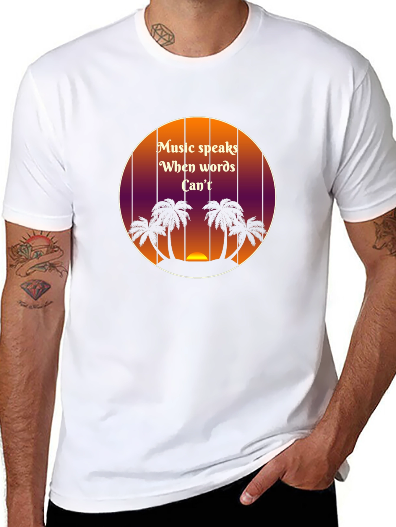 Music Speaks T-Shirt - Tropical Sunset Palm Tree Design