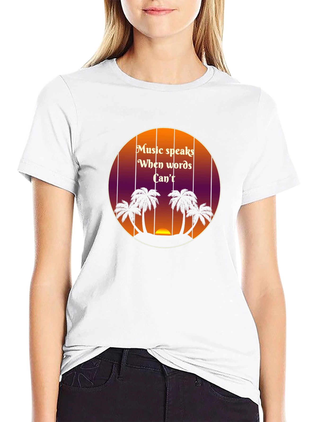 Music Speaks T-Shirt - Tropical Sunset Palm Tree Design