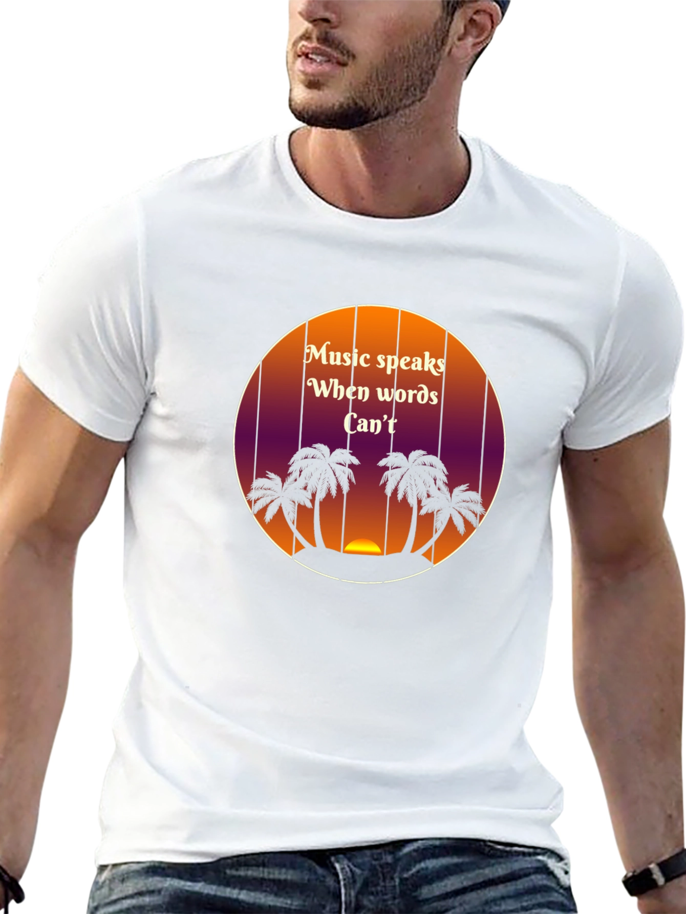 Music Speaks T-Shirt - Tropical Sunset Palm Tree Design