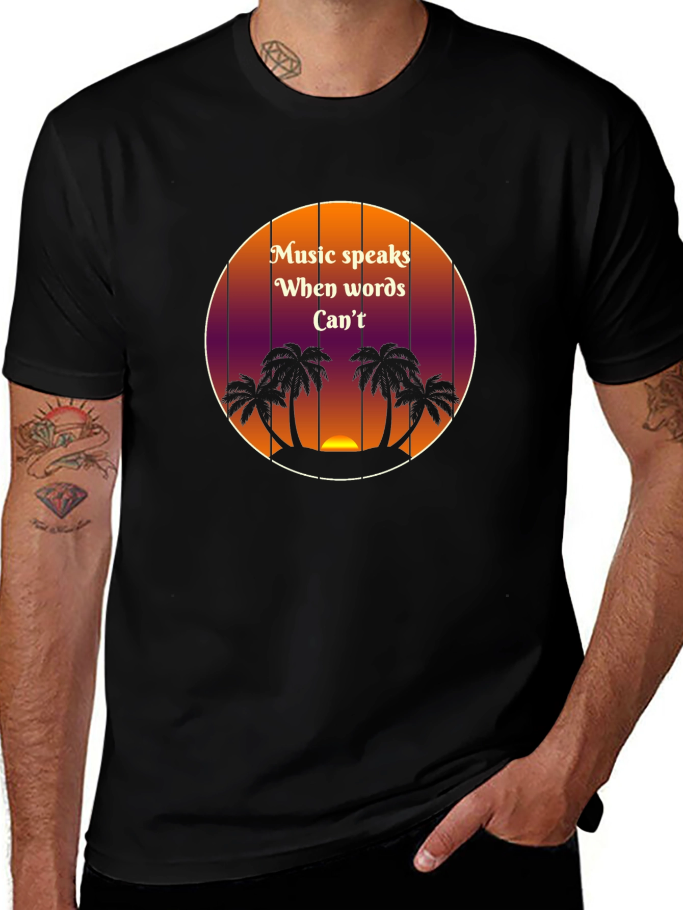 Music Speaks T-Shirt - Tropical Sunset Palm Tree Design
