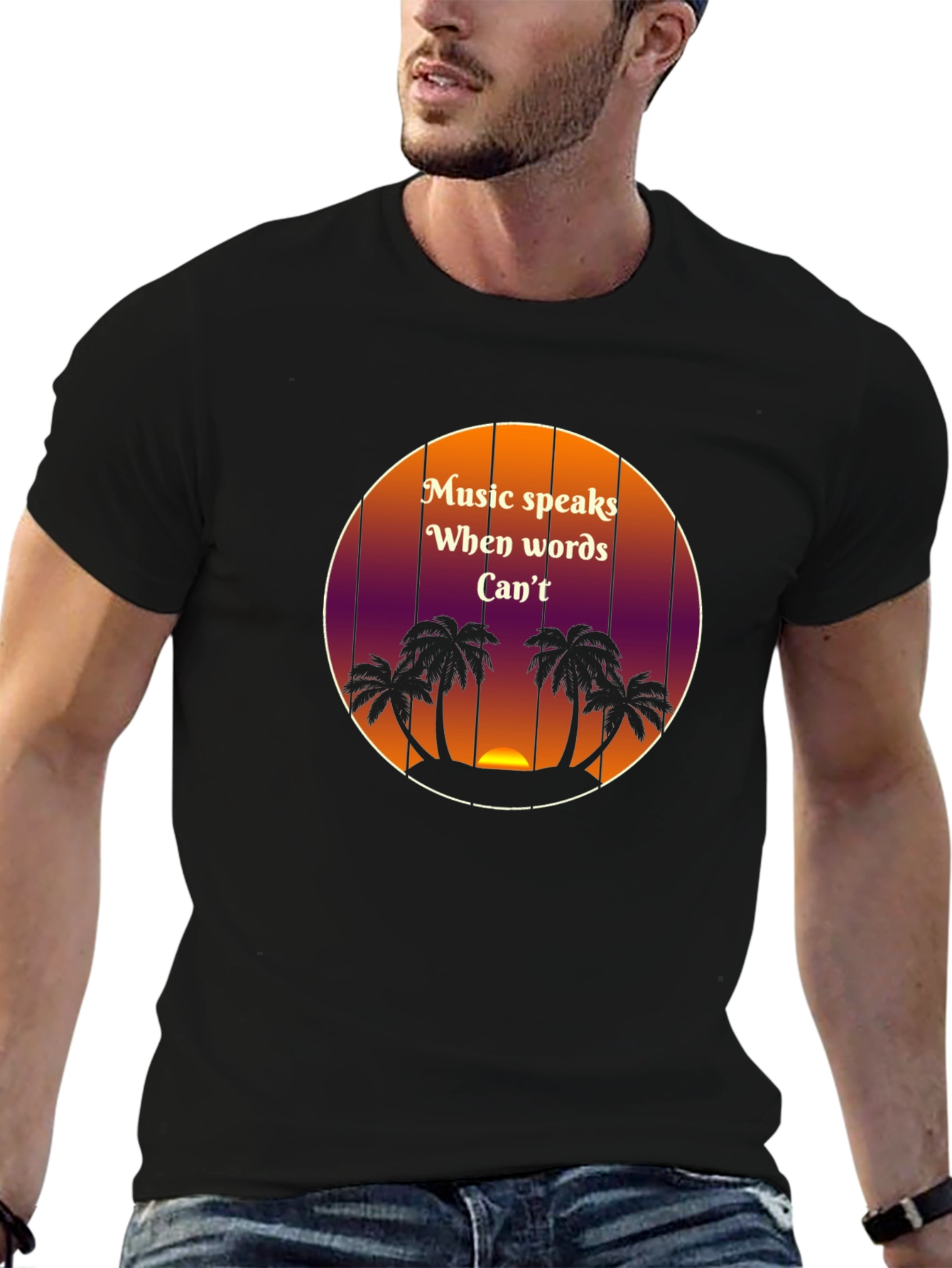 Music Speaks T-Shirt - Tropical Sunset Palm Tree Design