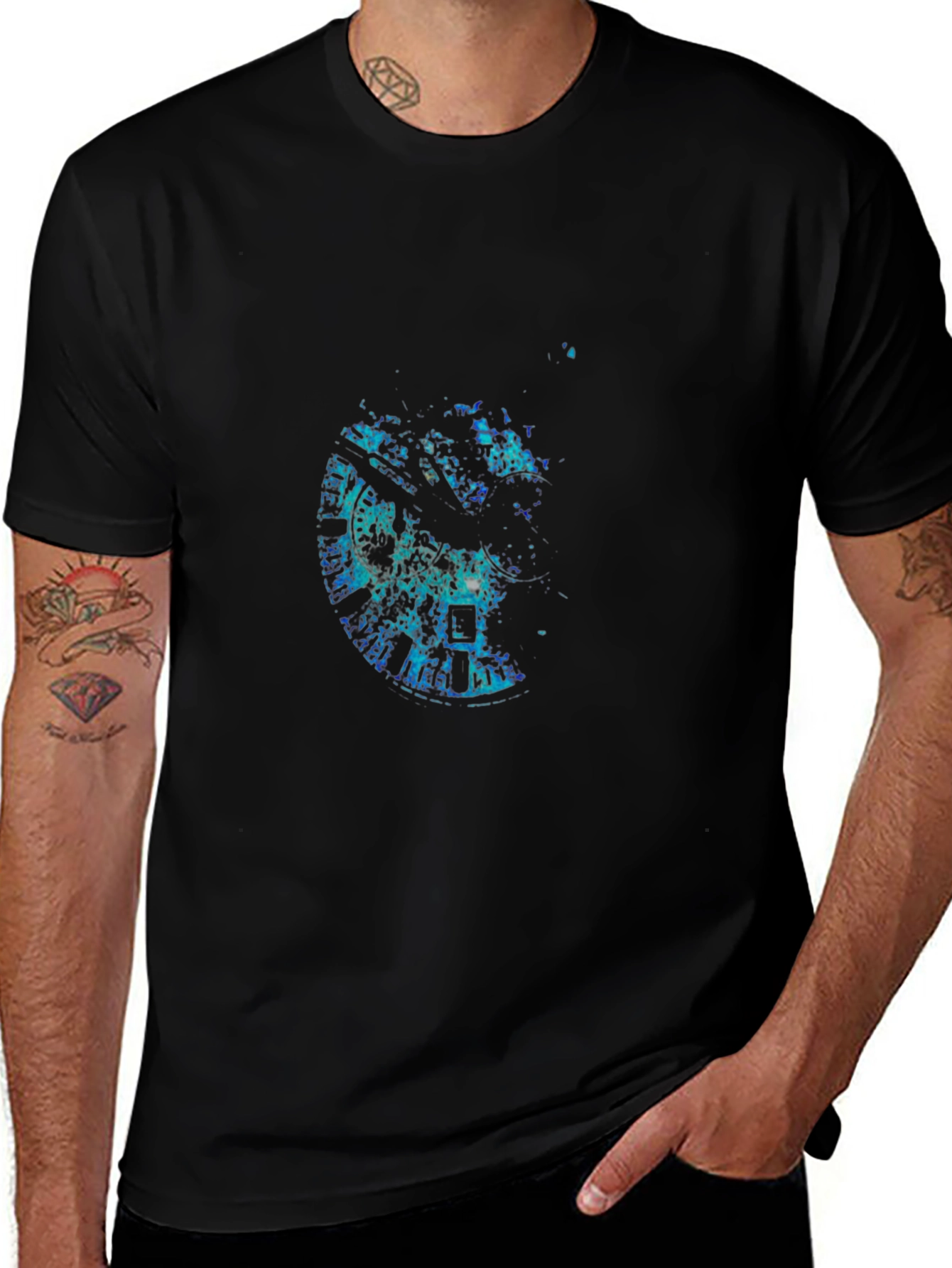 Mens Black Graphic Tee - Abstract Clock Design