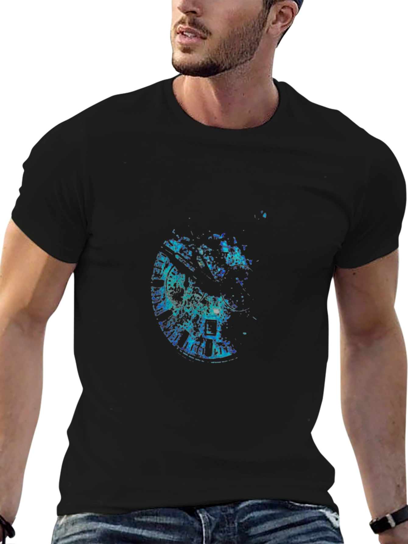 Mens Black Graphic Tee - Abstract Clock Design