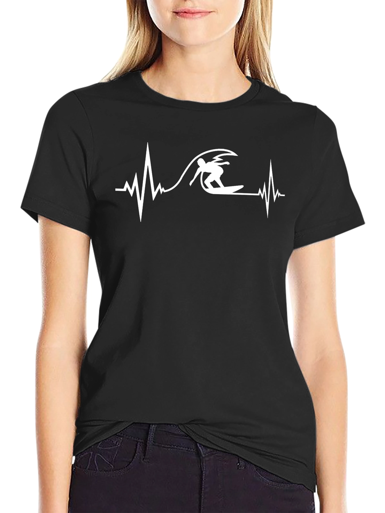 Surfing Heartbeat Graphic Tee - Black