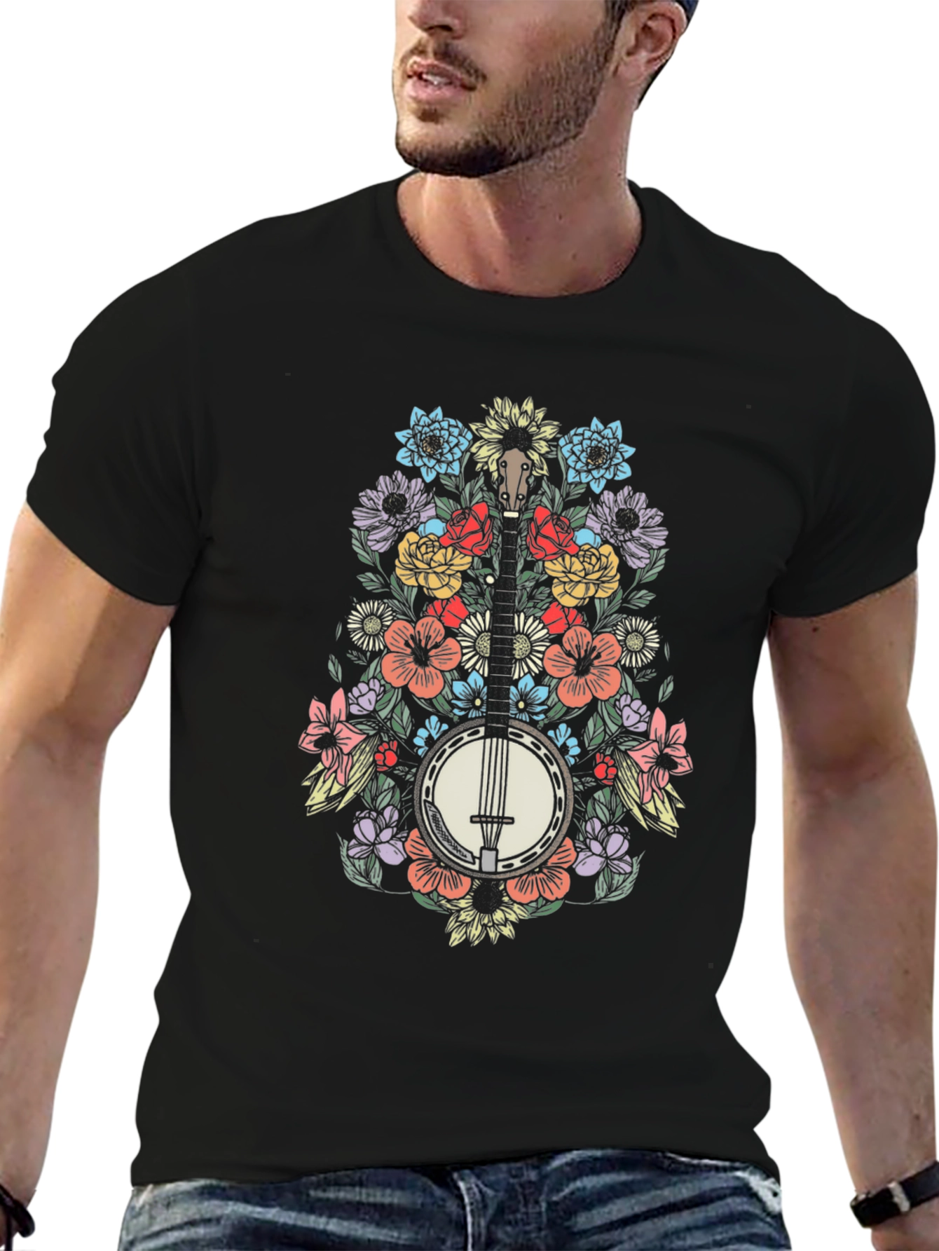 Floral Banjo Graphic Tee - Black Cotton Blend