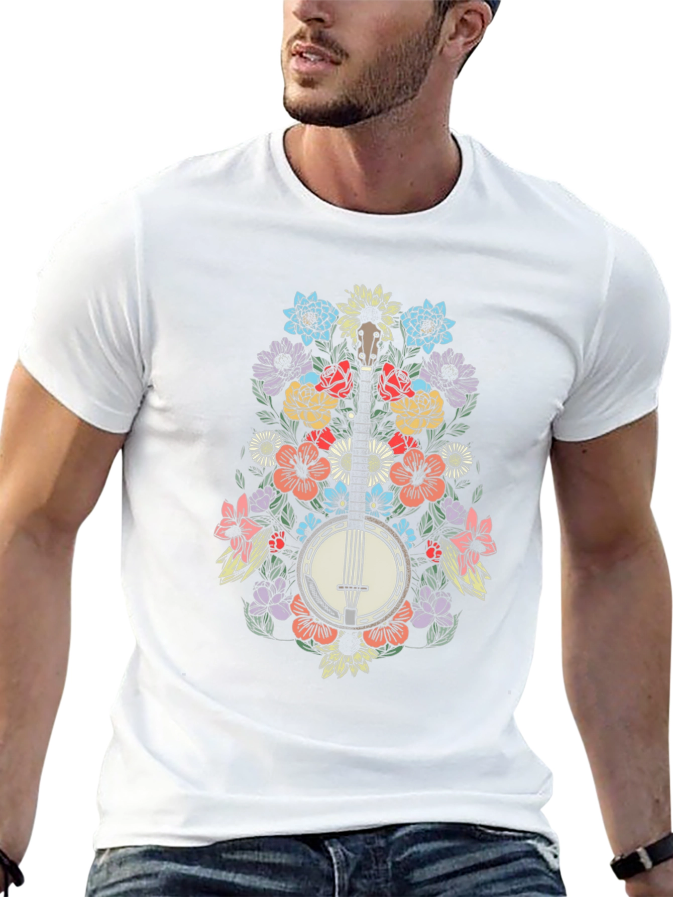 Floral Banjo Graphic Tee - Black Cotton Blend