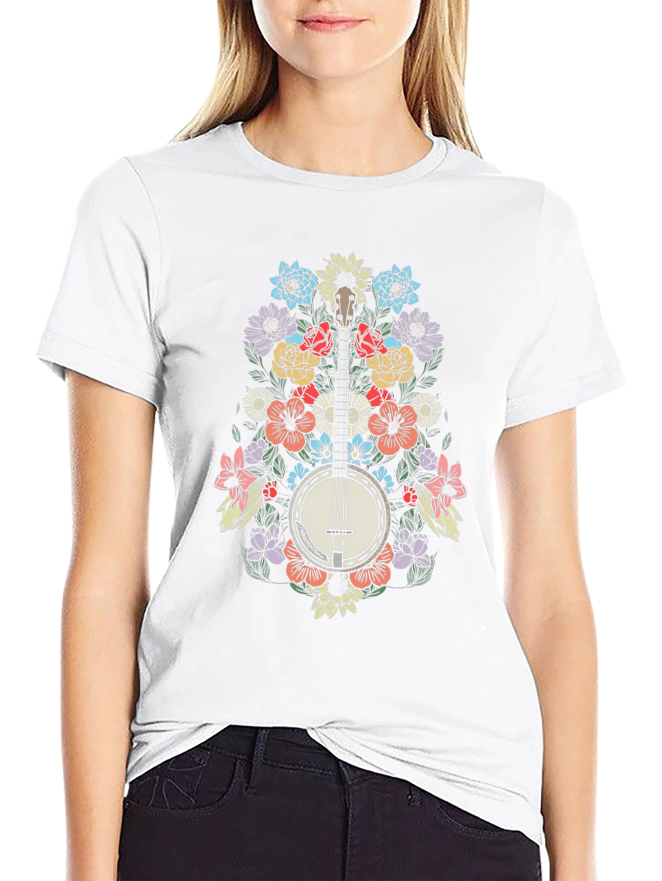 Floral Banjo Graphic Tee - Black Cotton Blend