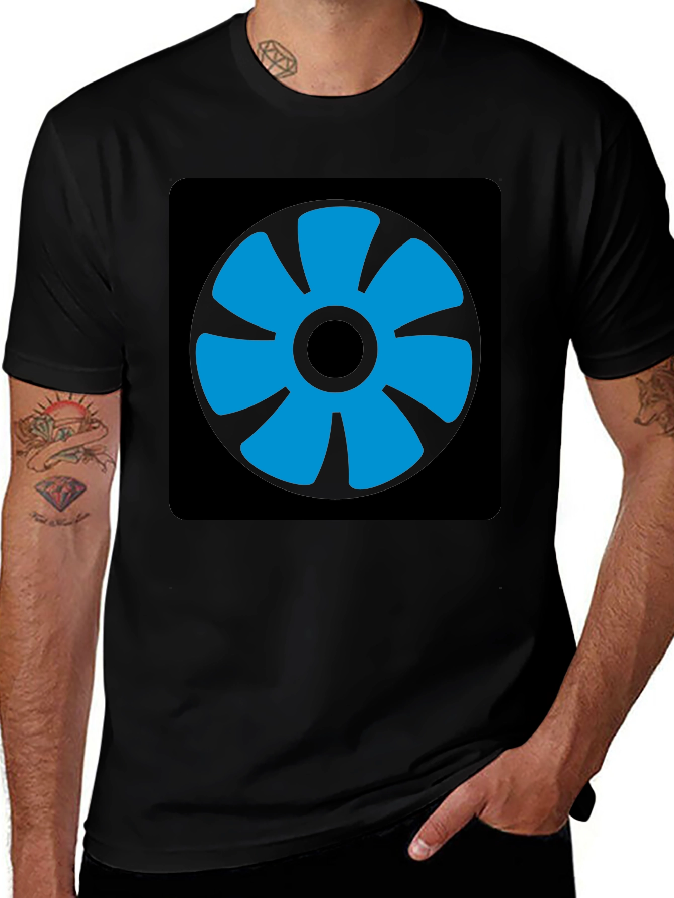 Blue Fan Graphic Black T-Shirt