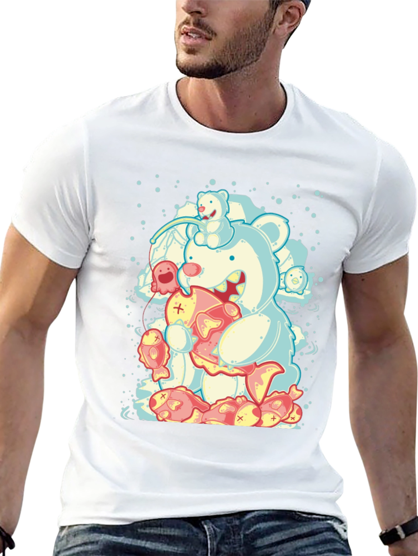 Bear Eats Fish Graphic T-Shirt - Black