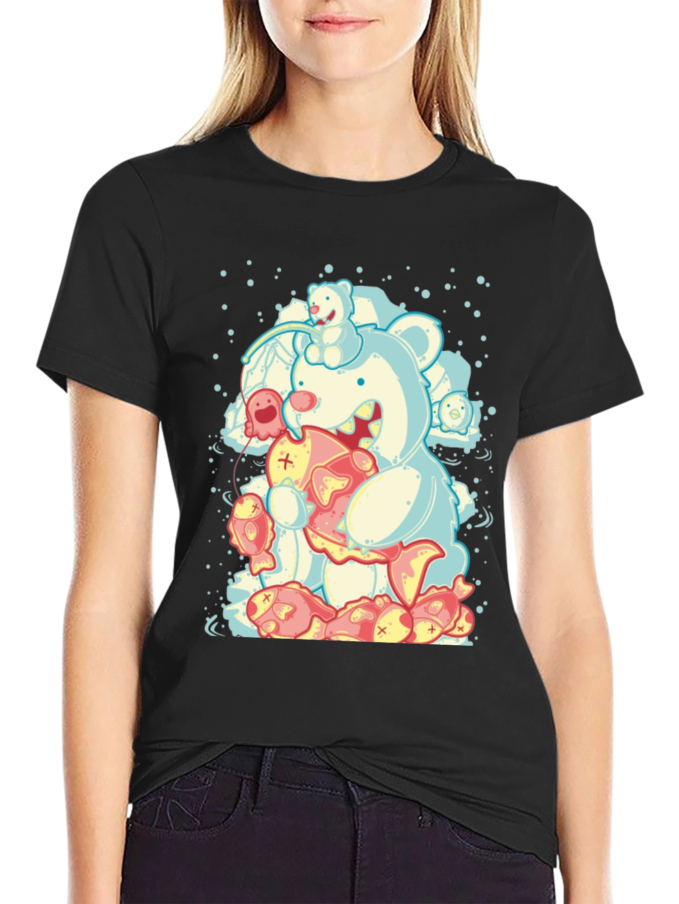 Bear Eats Fish Graphic T-Shirt - Black