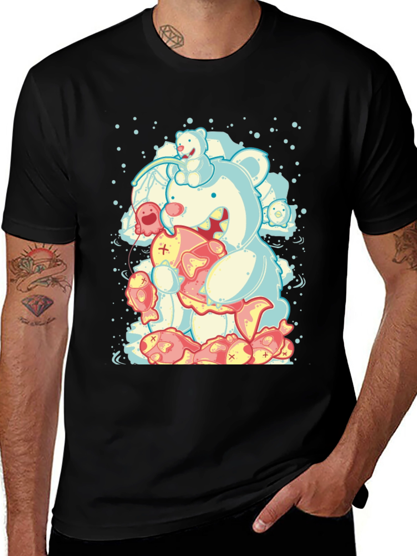 Bear Eats Fish Graphic T-Shirt - Black
