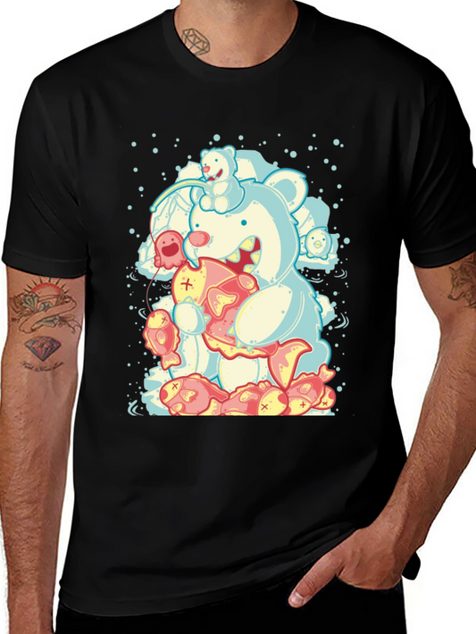 Bear Eats Fish Graphic T-Shirt - Black