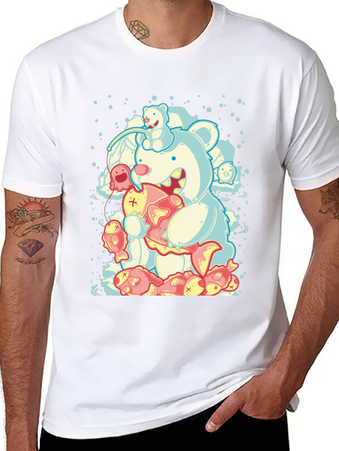 Bear Eats Fish Graphic T-Shirt - Black