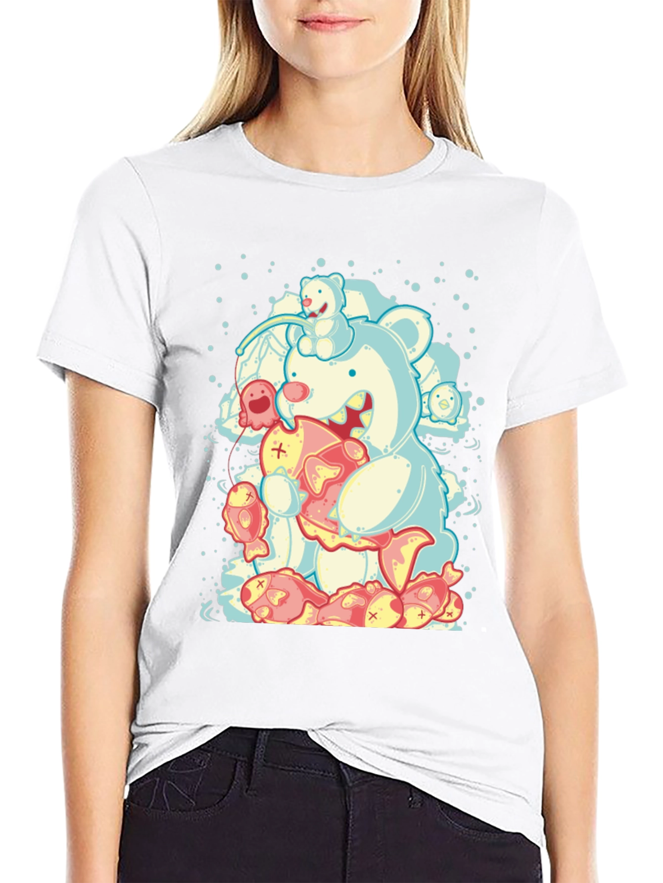 Bear Eats Fish Graphic T-Shirt - Black