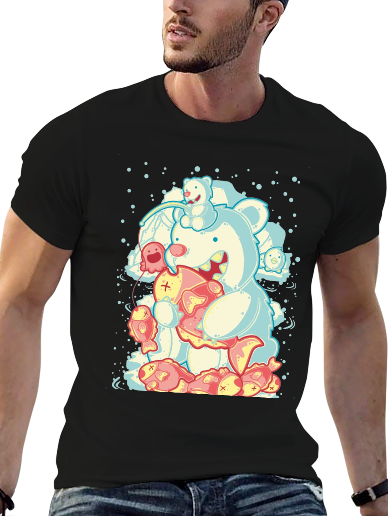 Bear Eats Fish Graphic T-Shirt - Black