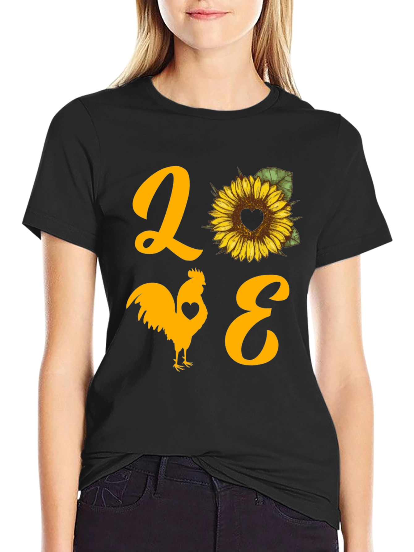 LOVE Rooster Sunflower Graphic T-Shirt