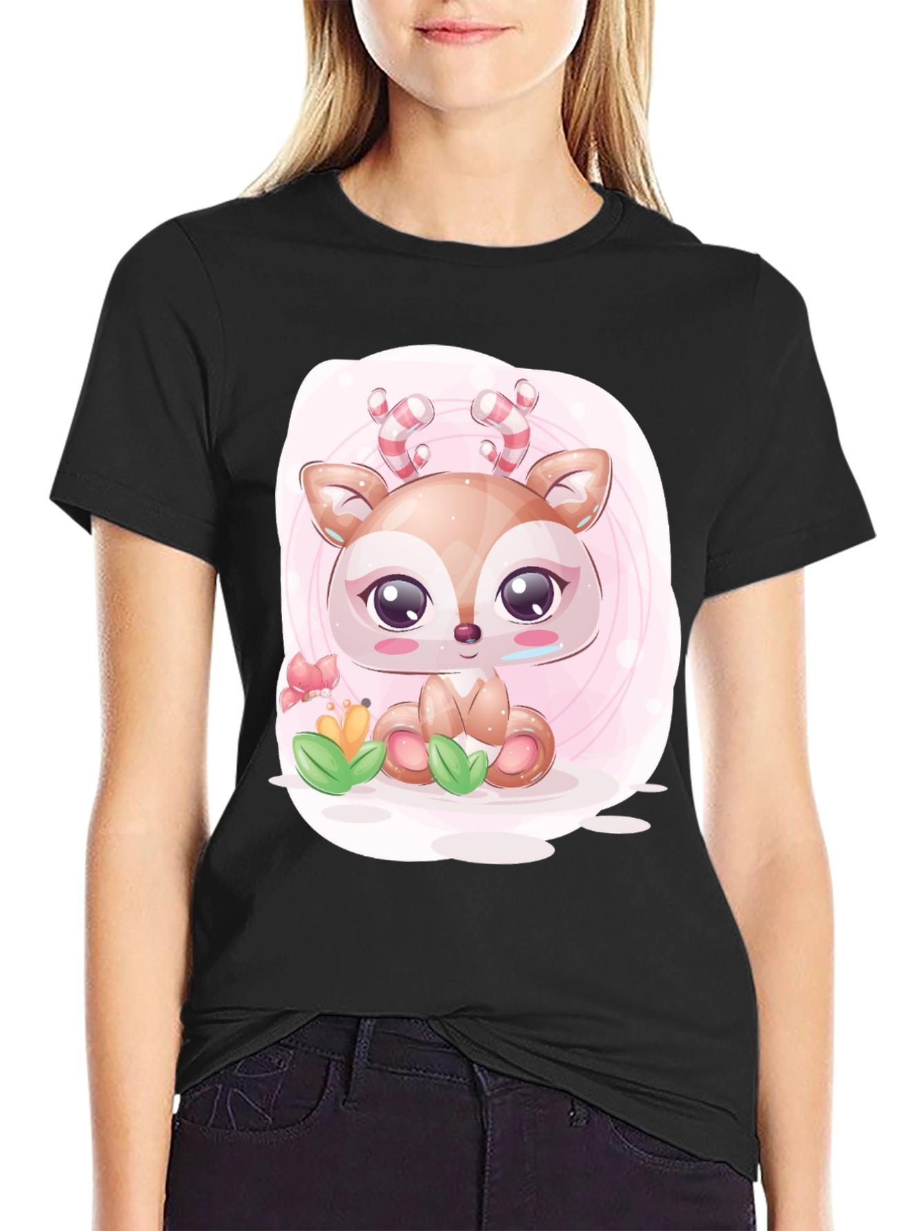 Cute Deer Graphic Tee - Black Casual T-Shirt
