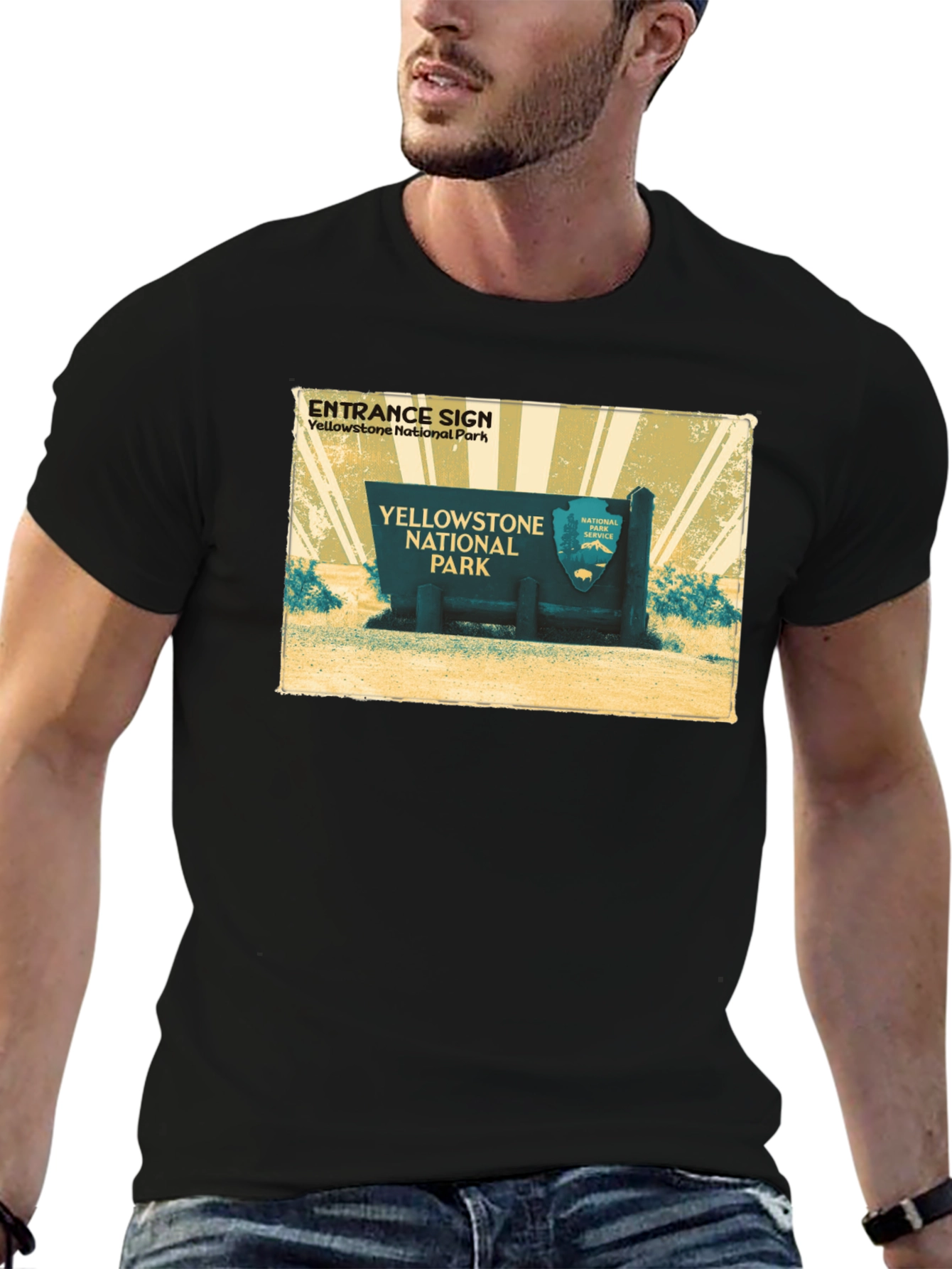 Yellowstone National Park Entrance Sign Black T-Shirt