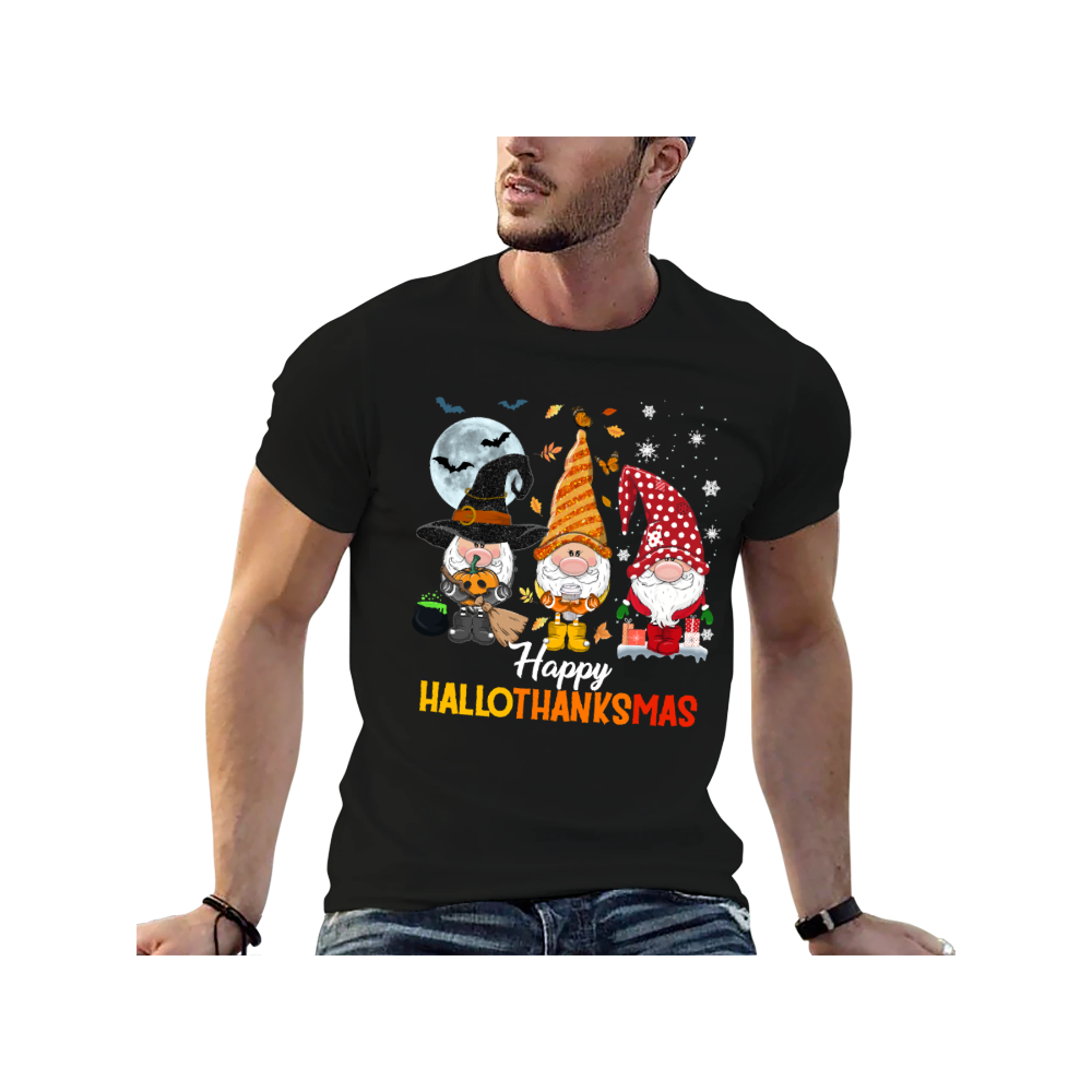 Happy HalloThanksMas Gnomes Graphic T-Shirt | 100% Cotton, Versatile for Multiple Occasions