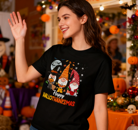 Happy HalloThanksMas Gnomes Graphic T-Shirt | 100% Cotton, Versatile for Multiple Occasions
