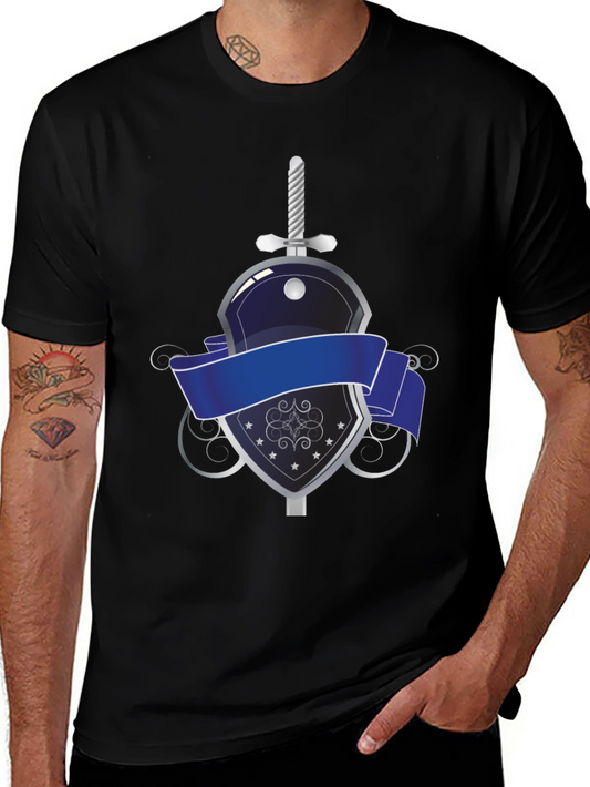 Knight Emblem Black T-Shirt: Sword and Shield Graphic Tee