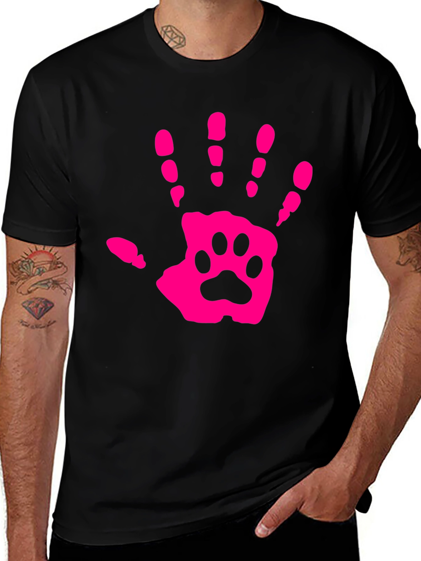 Pink Paw Print Hand Black T-Shirt
