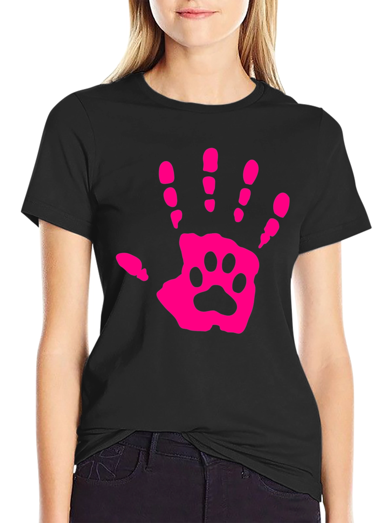 Pink Paw Print Hand Black T-Shirt