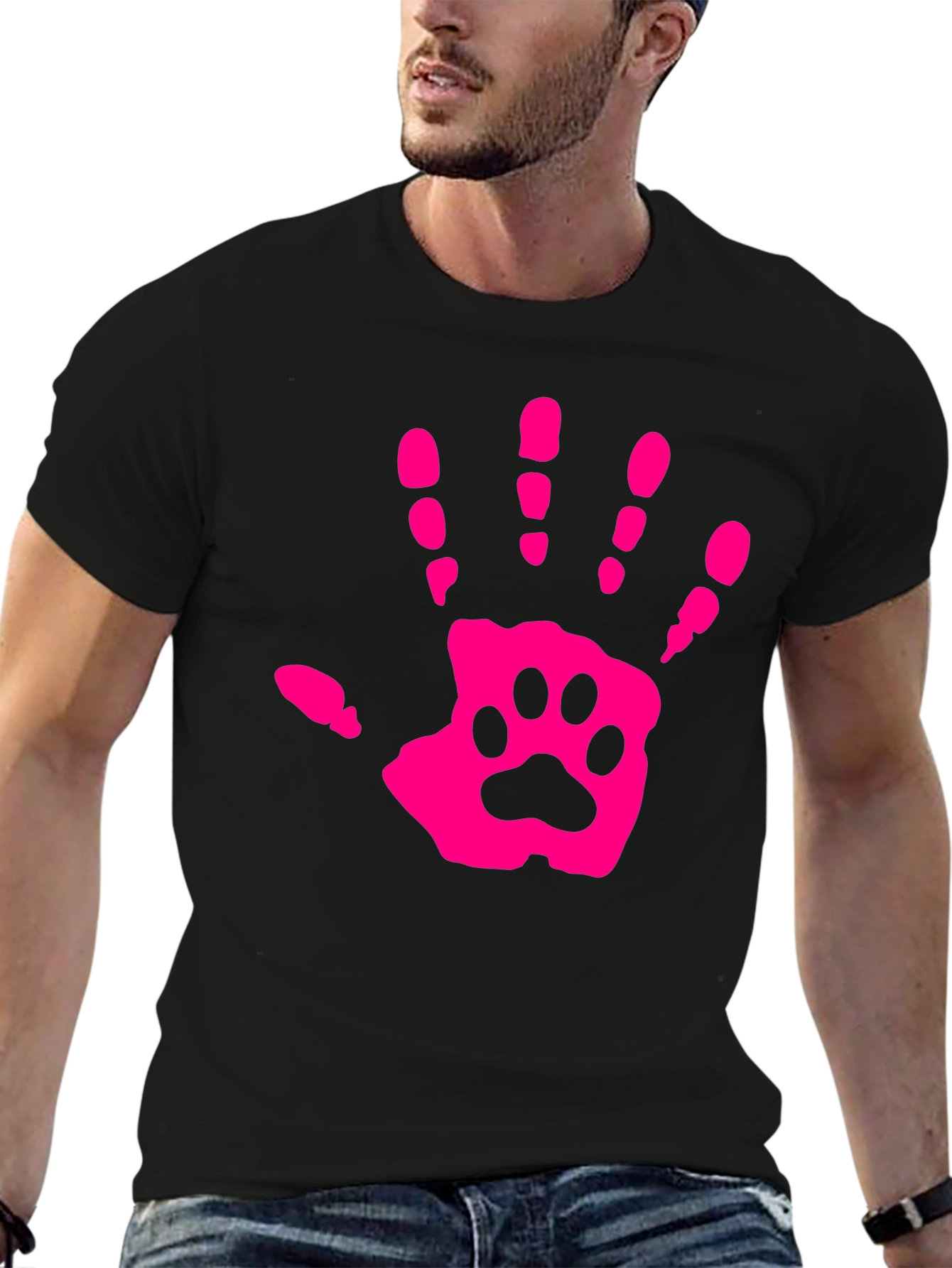 Pink Paw Print Hand Black T-Shirt
