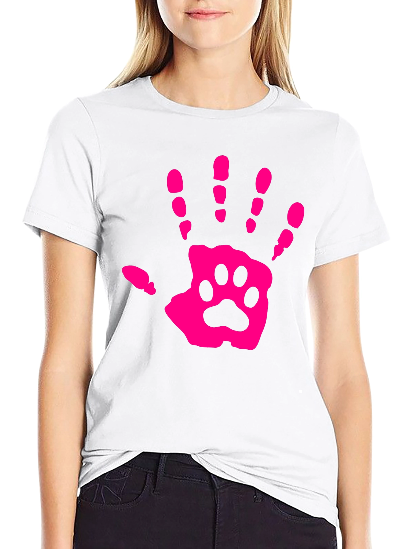 Pink Paw Print Hand Black T-Shirt