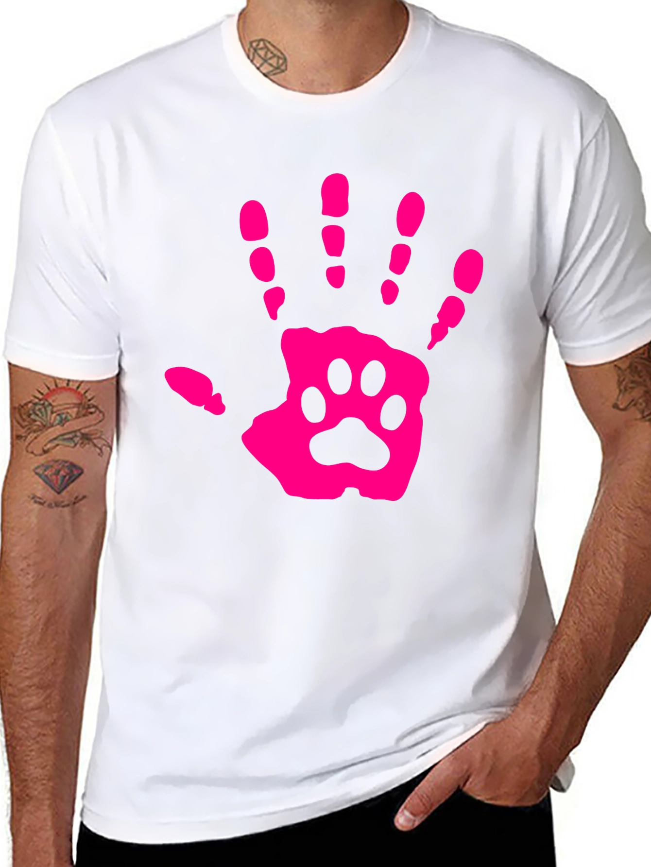 Pink Paw Print Hand Black T-Shirt