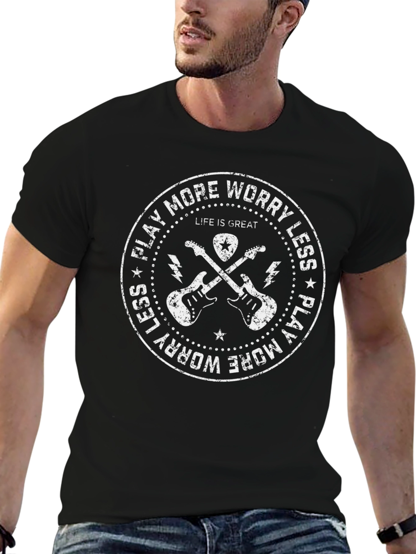 Play More Worry Less Black Graphic Tee
