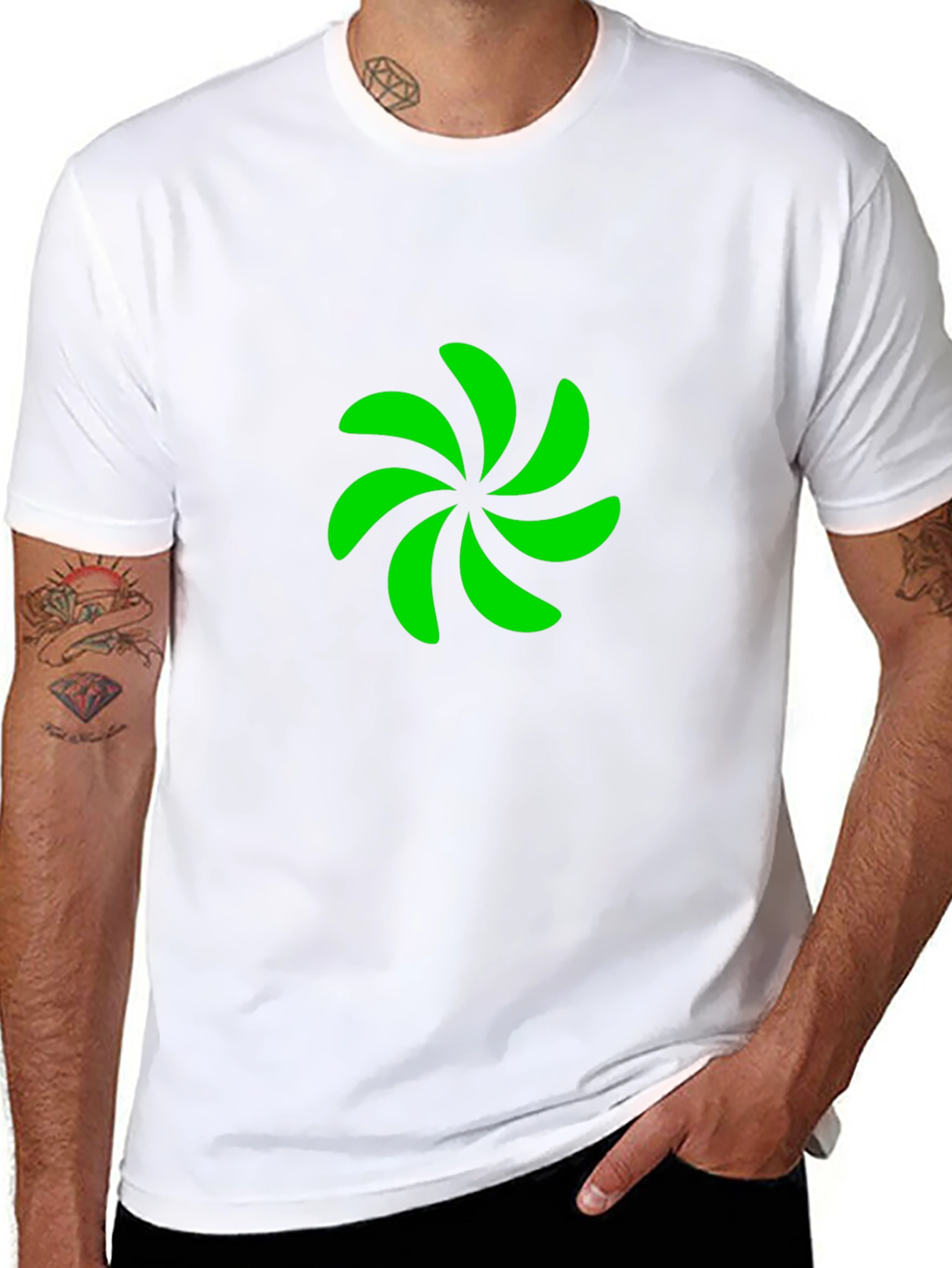 Black T-Shirt with Green Pinwheel Design