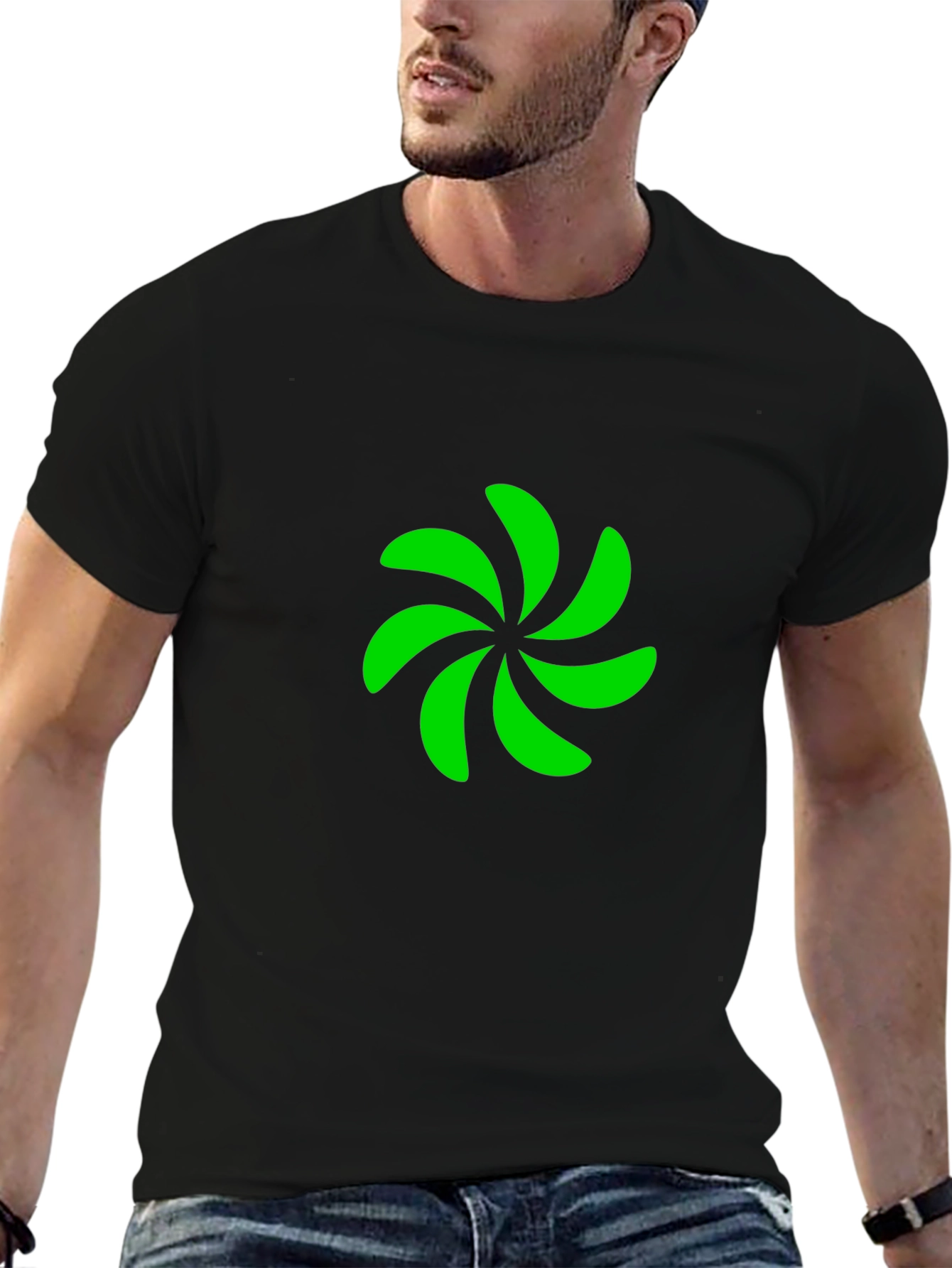 Black T-Shirt with Green Pinwheel Design