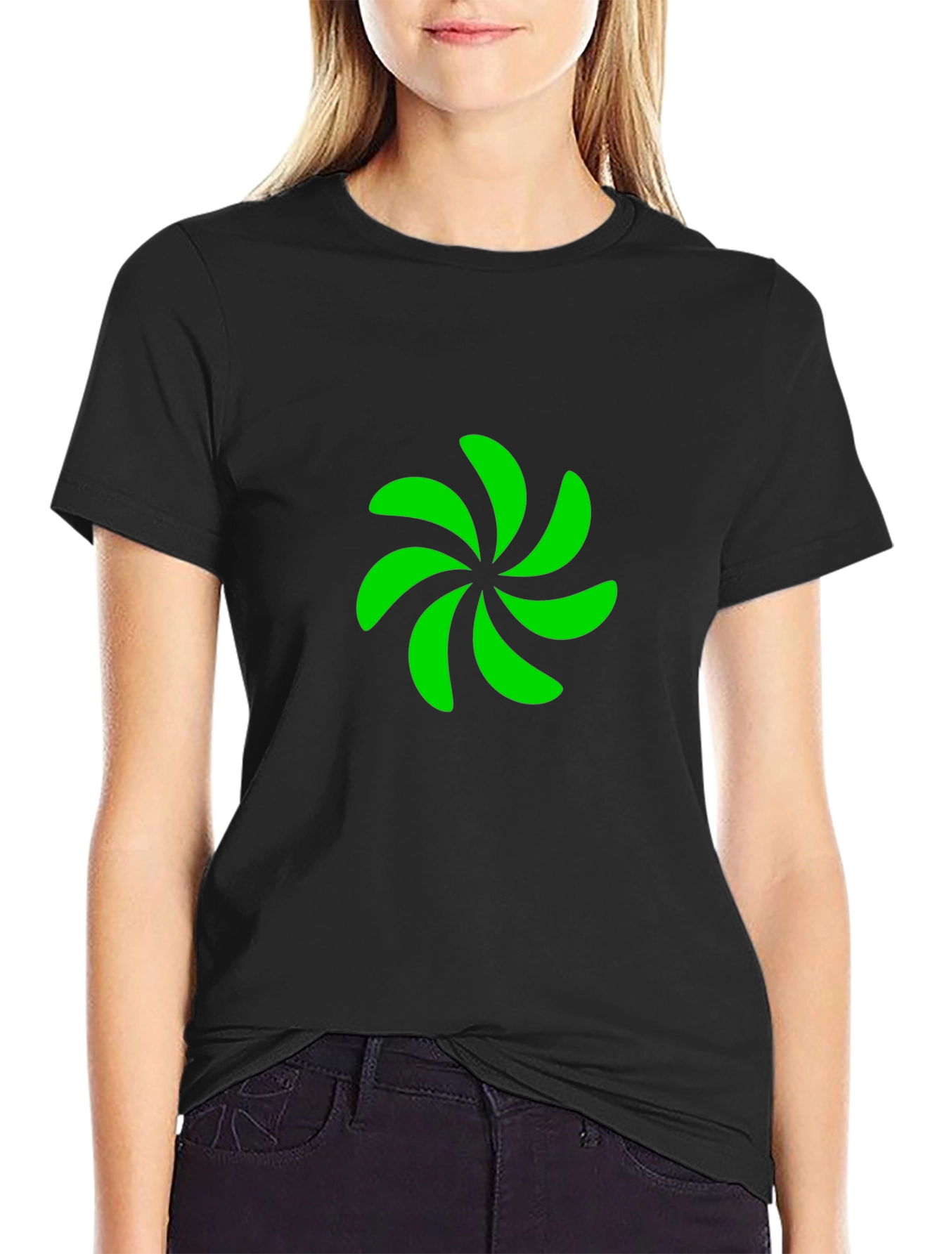 Black T-Shirt with Green Pinwheel Design