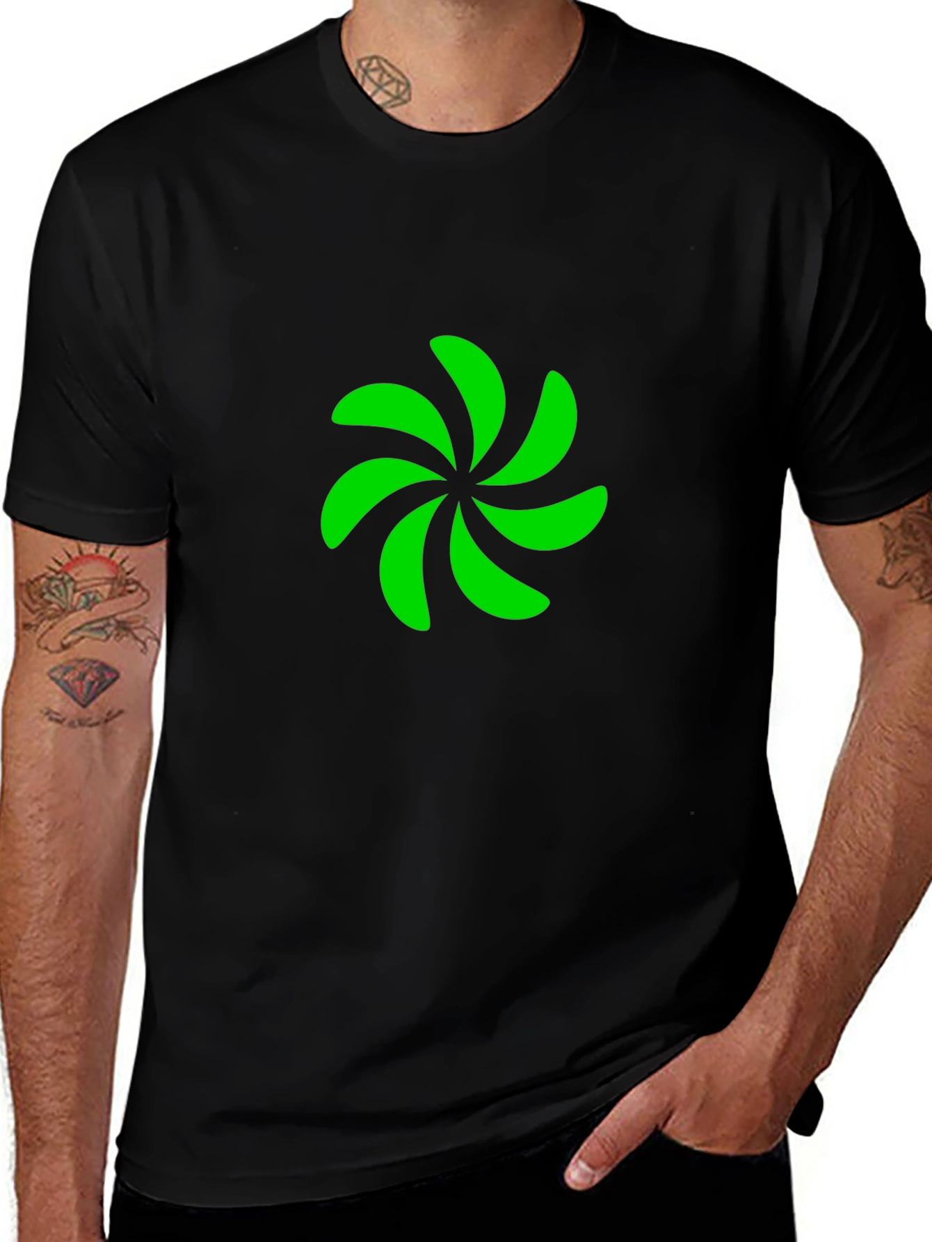 Black T-Shirt with Green Pinwheel Design
