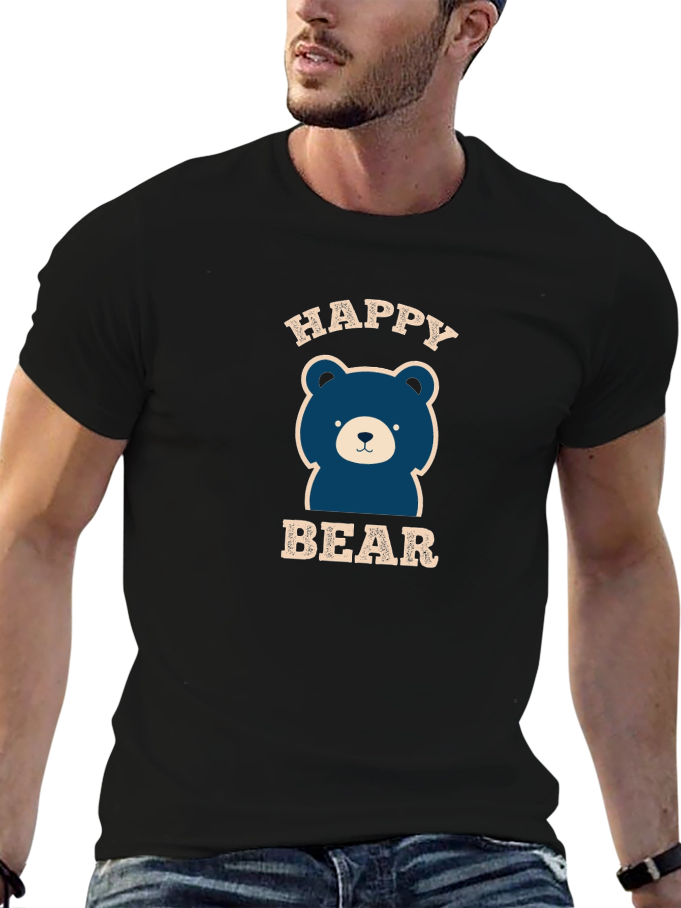 Happy Bear Graphic Tee - Black Cotton Blend