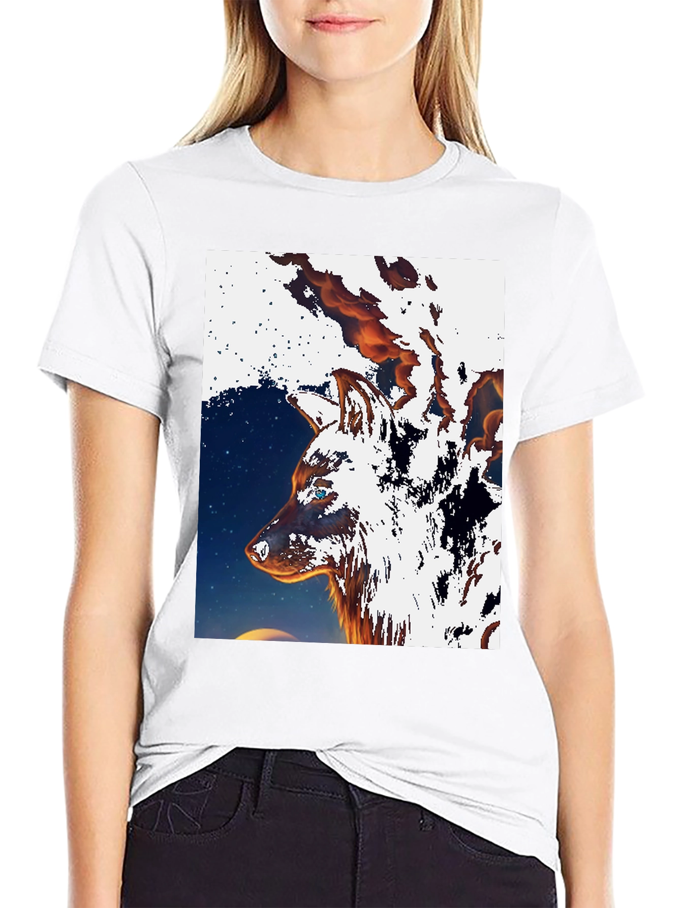Fiery Wolf Graphic Tee - Black Cotton T-Shirt